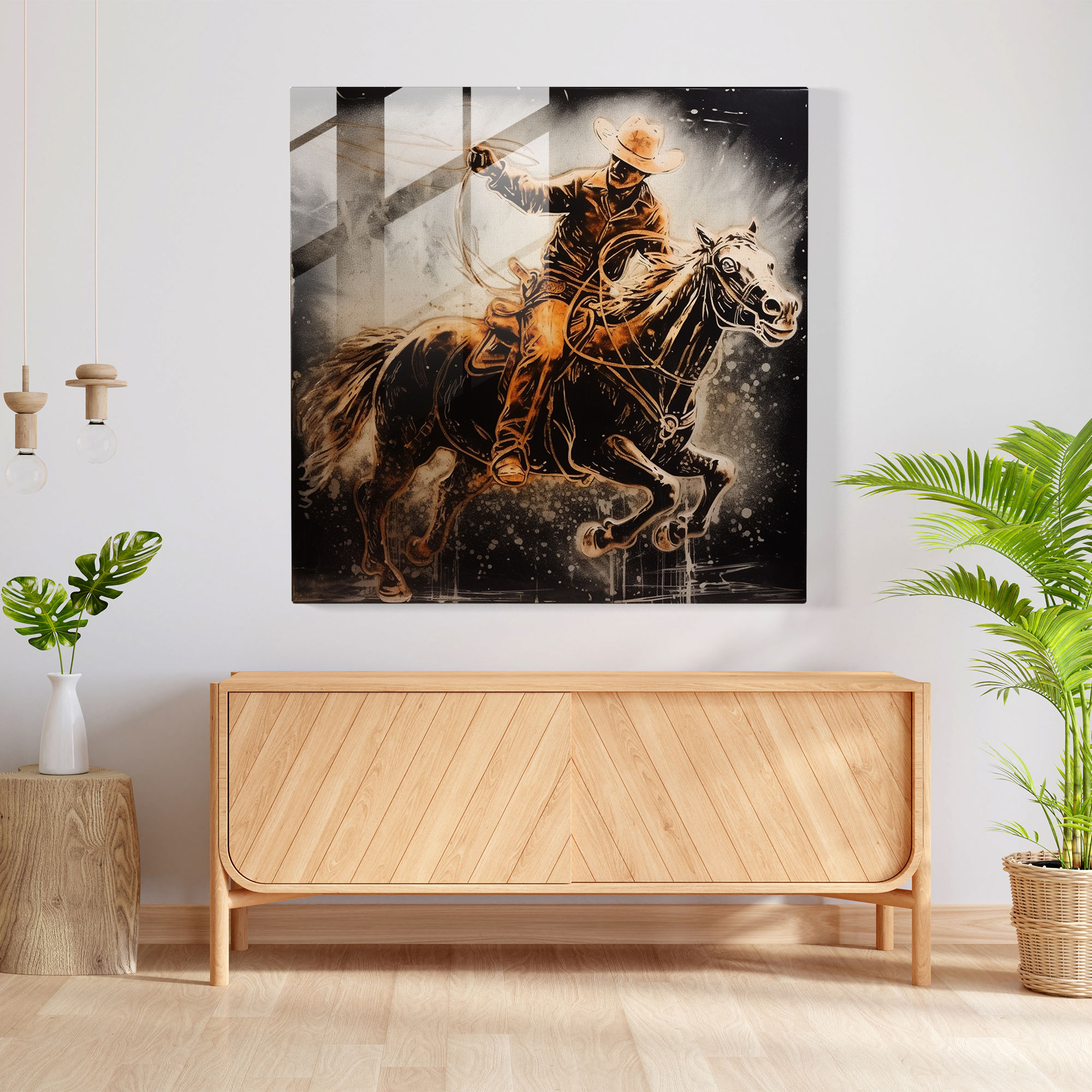 Majestic Glass Print - Old West-Inspired Rugged Cowboy on a Bucking Bronco - Wall Decor Glass Art