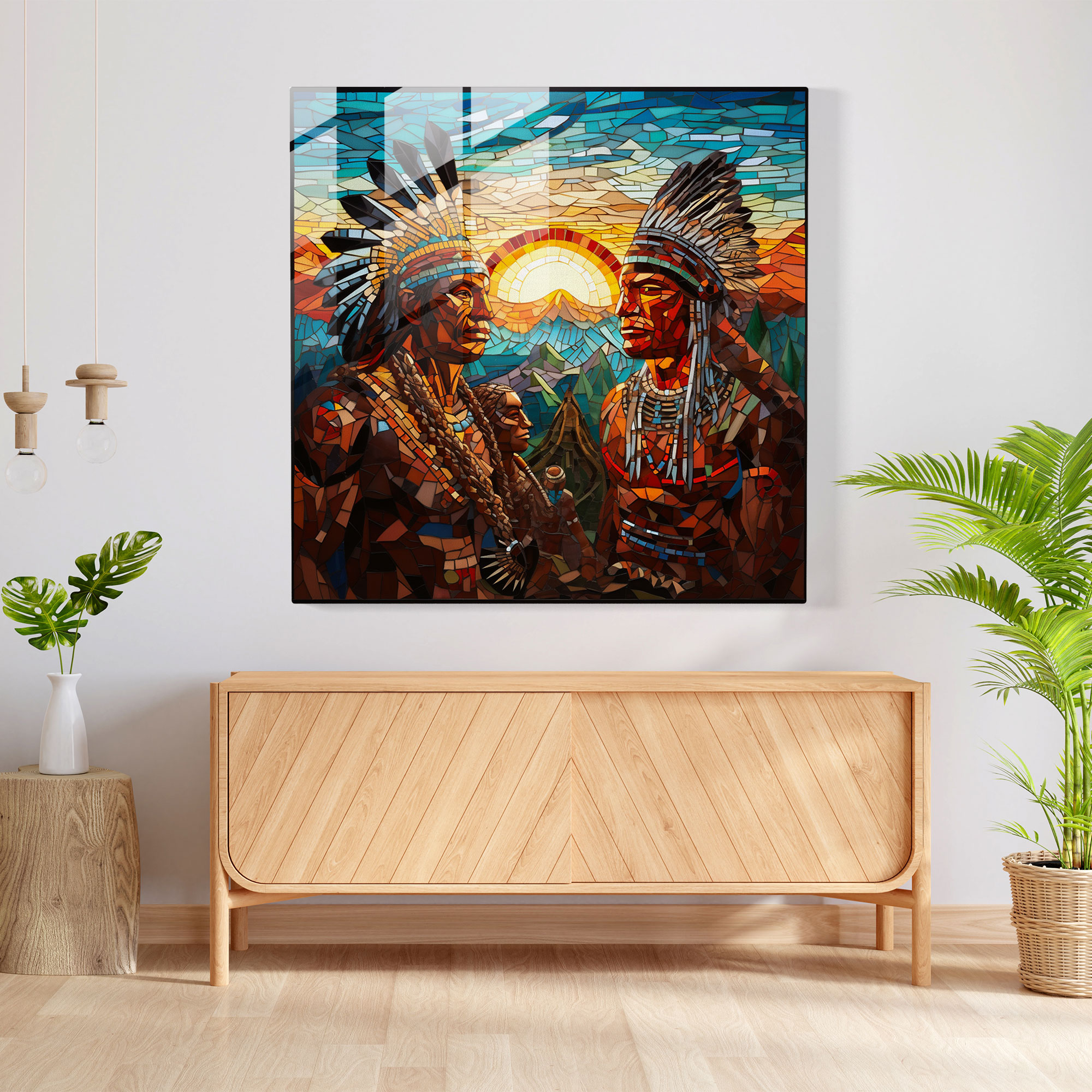 Native Warriors Glass Print, Contemporary Glass Mosaic, Home Decoration, Wall Decor, Glass Art, Modern Artwork