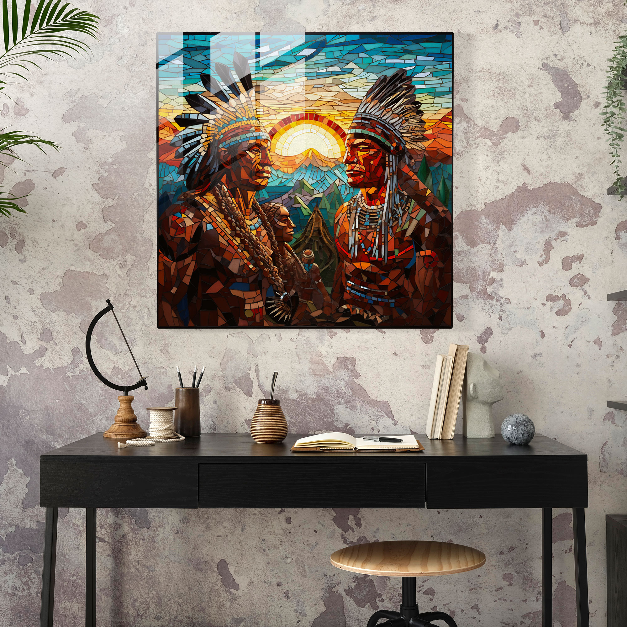 Native Warriors Glass Print, Contemporary Glass Mosaic, Home Decoration, Wall Decor, Glass Art, Modern Artwork