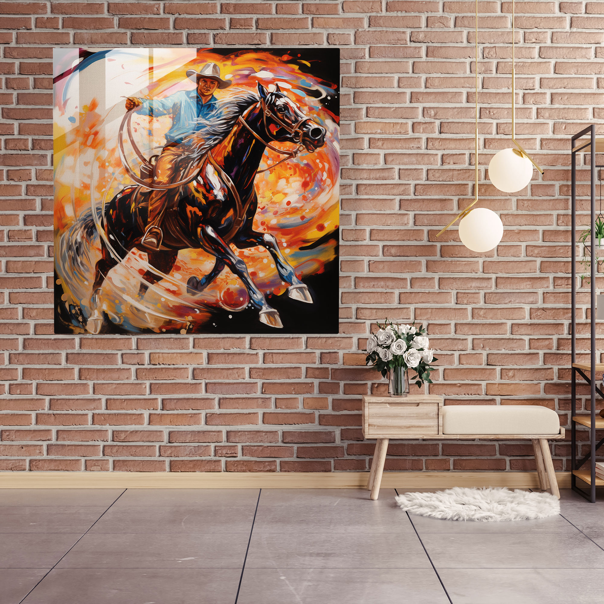 Abstract Rodeo Cowboy Glass Print, Dynamic Glass Painting, Home Decoration, Wall Decor, Glass Art, Modern Artwork