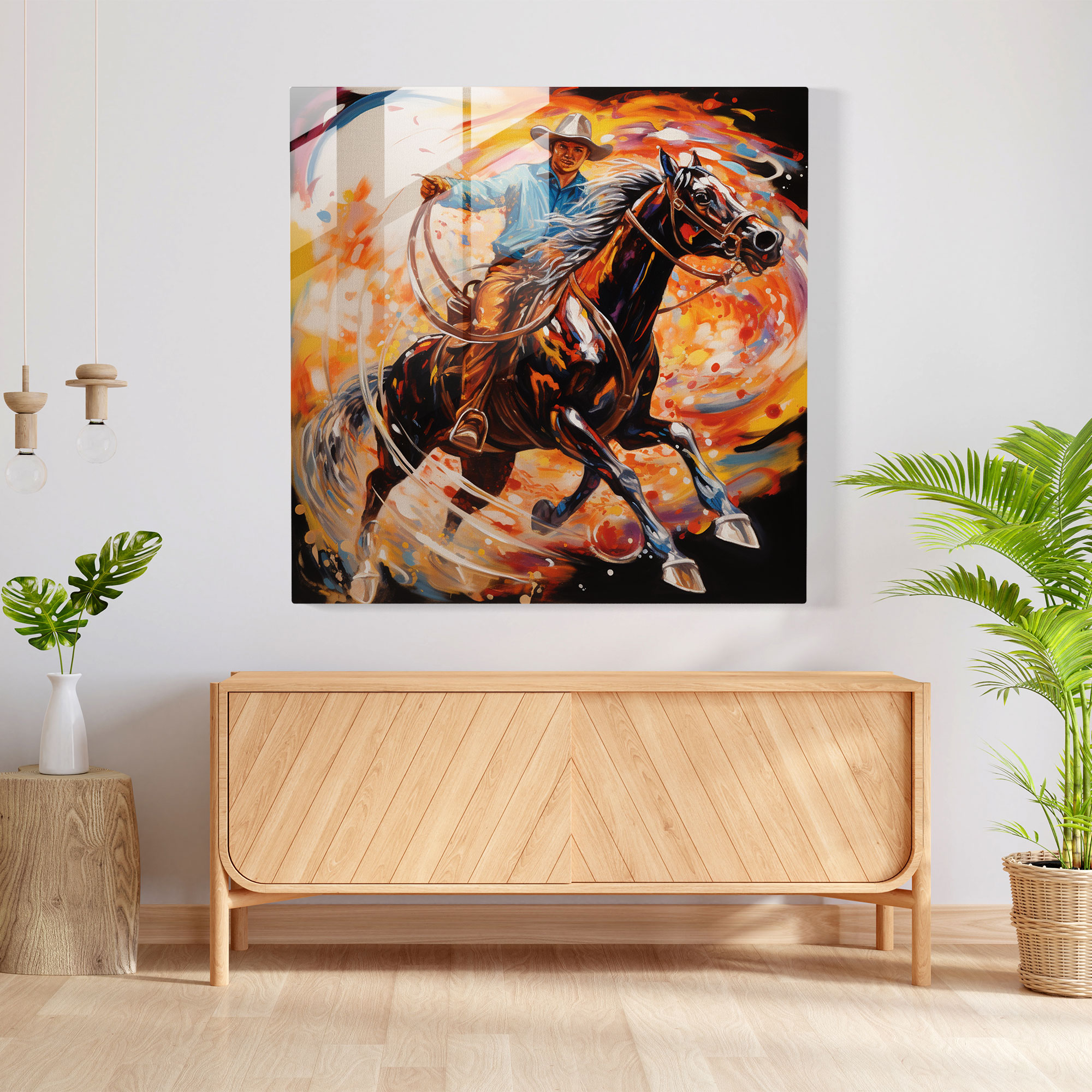 Abstract Rodeo Cowboy Glass Print, Dynamic Glass Painting, Home Decoration, Wall Decor, Glass Art, Modern Artwork