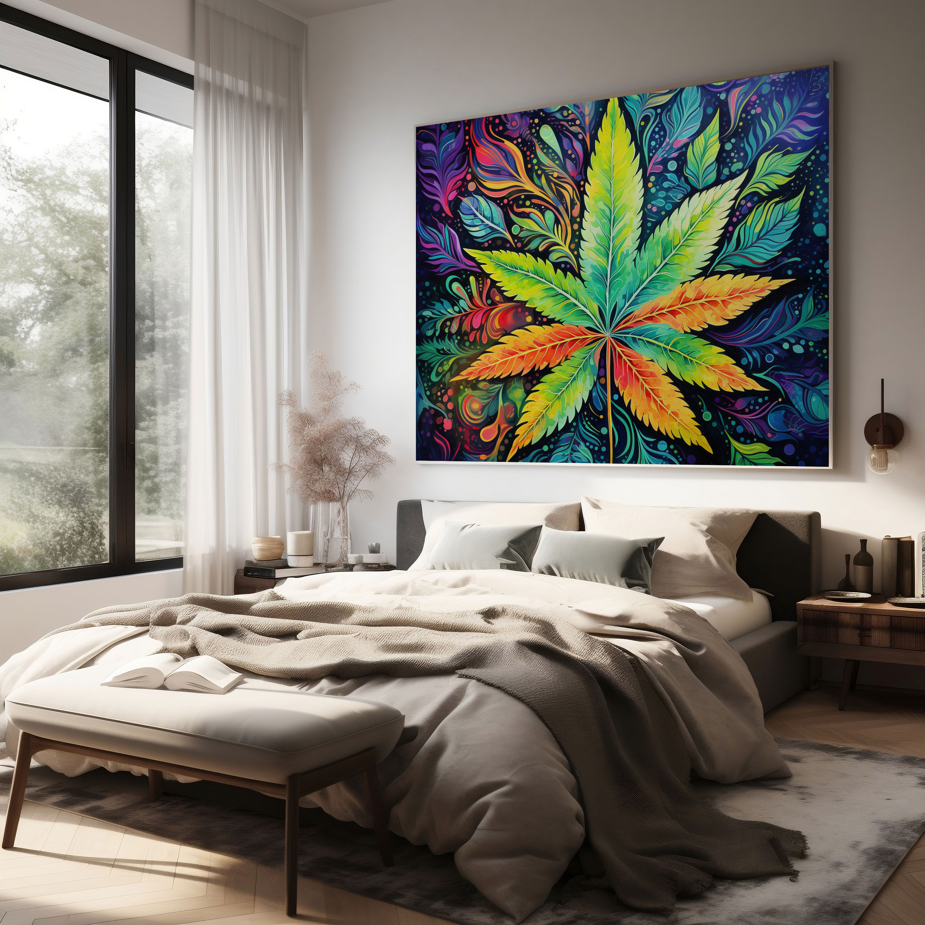Psikedelik Marihuana Yapraklı Kanvas Tablo - Duvar Sanatı ve Ev Dekorasyonu için Su Rengi Boyama