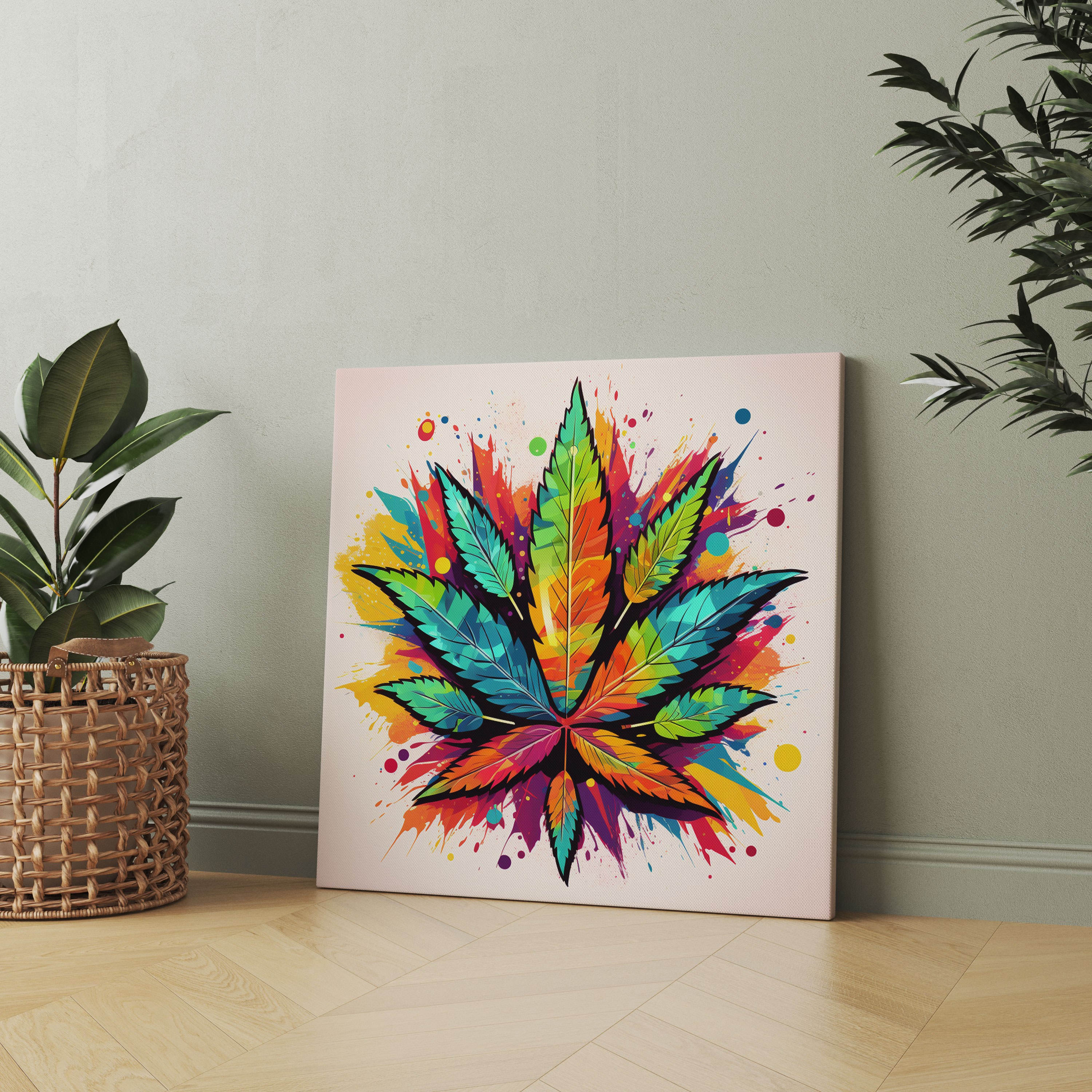 Oynamalı Pop Art Kenevir Yaprağı Kanvas Tablo - Canlı Renklerle Weed Pop Art İlhamlı İllüstrasyon