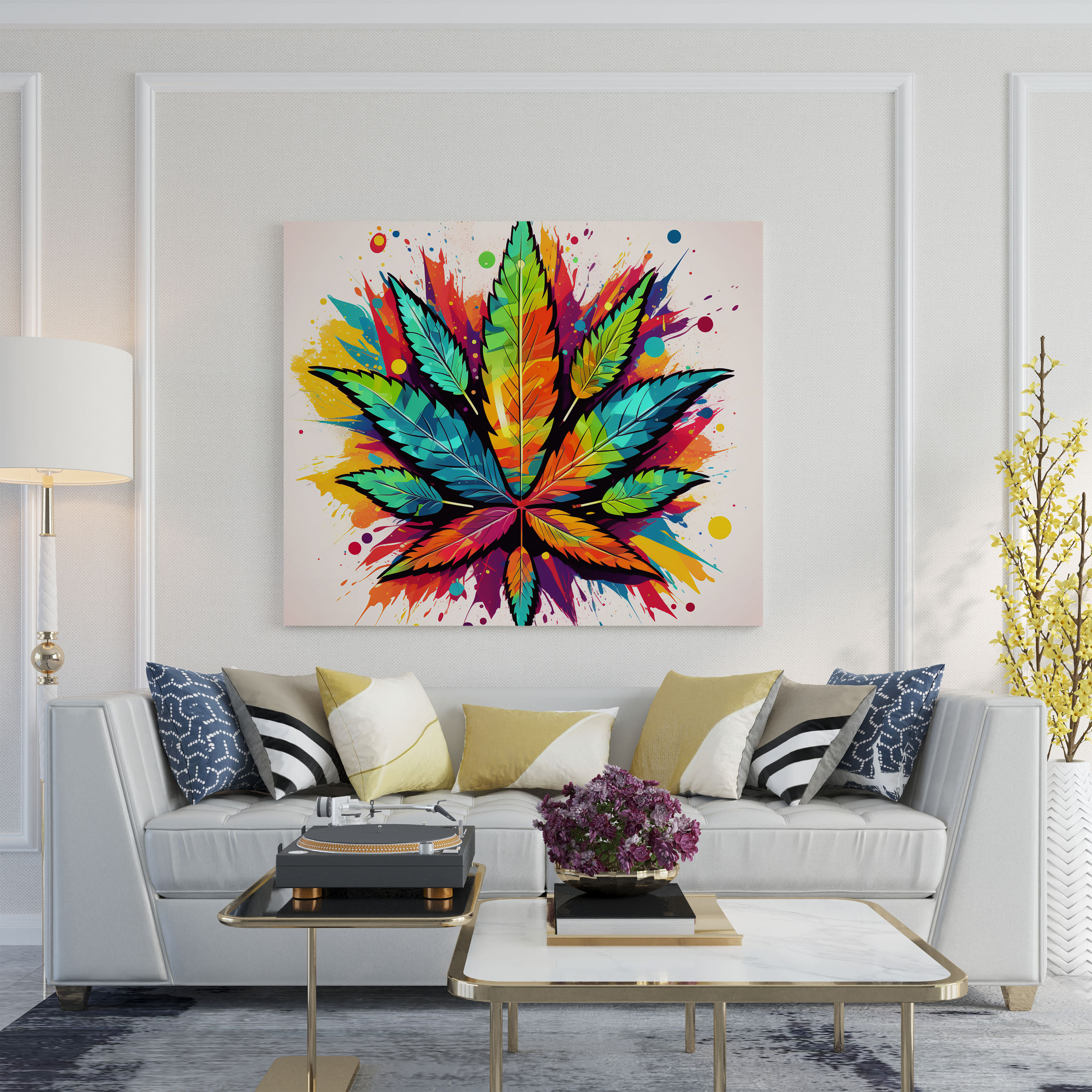 Oynamalı Pop Art Kenevir Yaprağı Kanvas Tablo - Canlı Renklerle Weed Pop Art İlhamlı İllüstrasyon