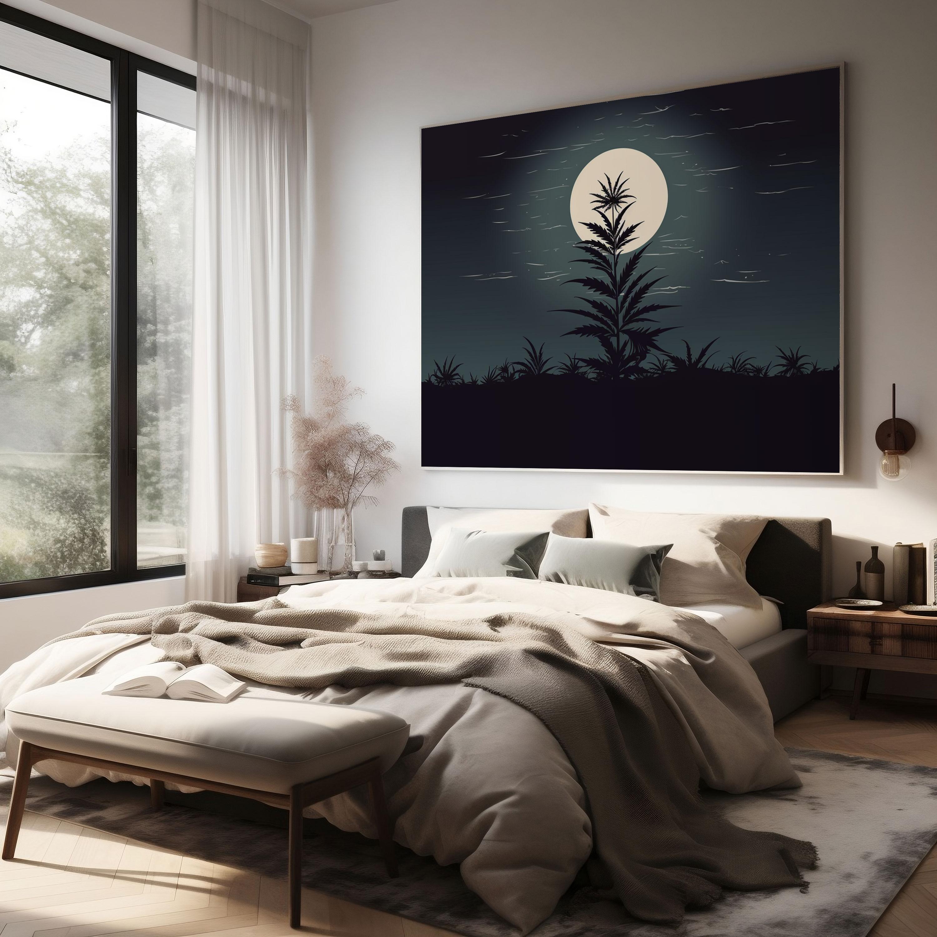 Bitki Duvar Dekorasyonu - Ay Işığında Silüet - Bitki Minimalist Çizim Duvar Sanatı Kanvas Tablo