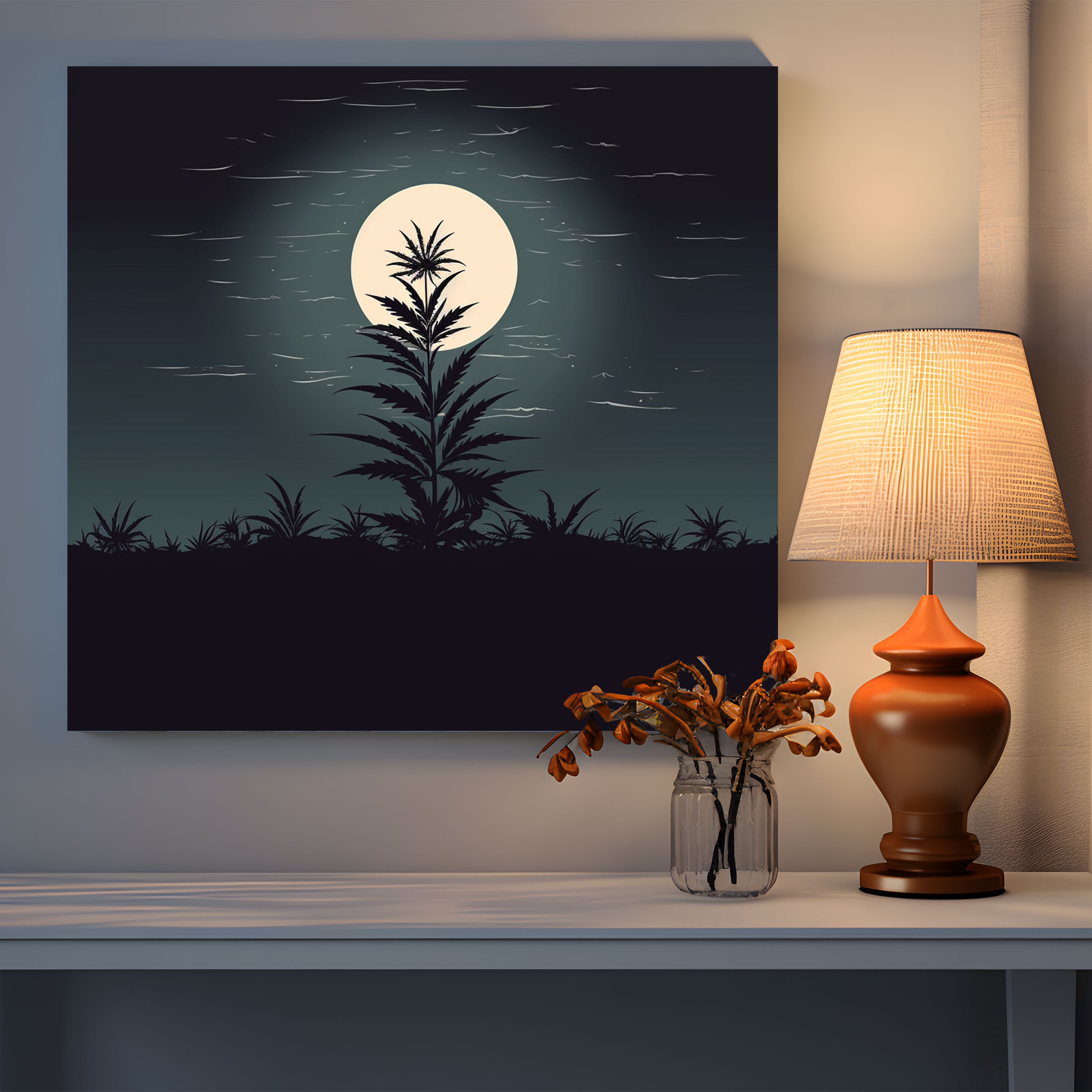 Bitki Duvar Dekorasyonu - Ay Işığında Silüet - Bitki Minimalist Çizim Duvar Sanatı Kanvas Tablo