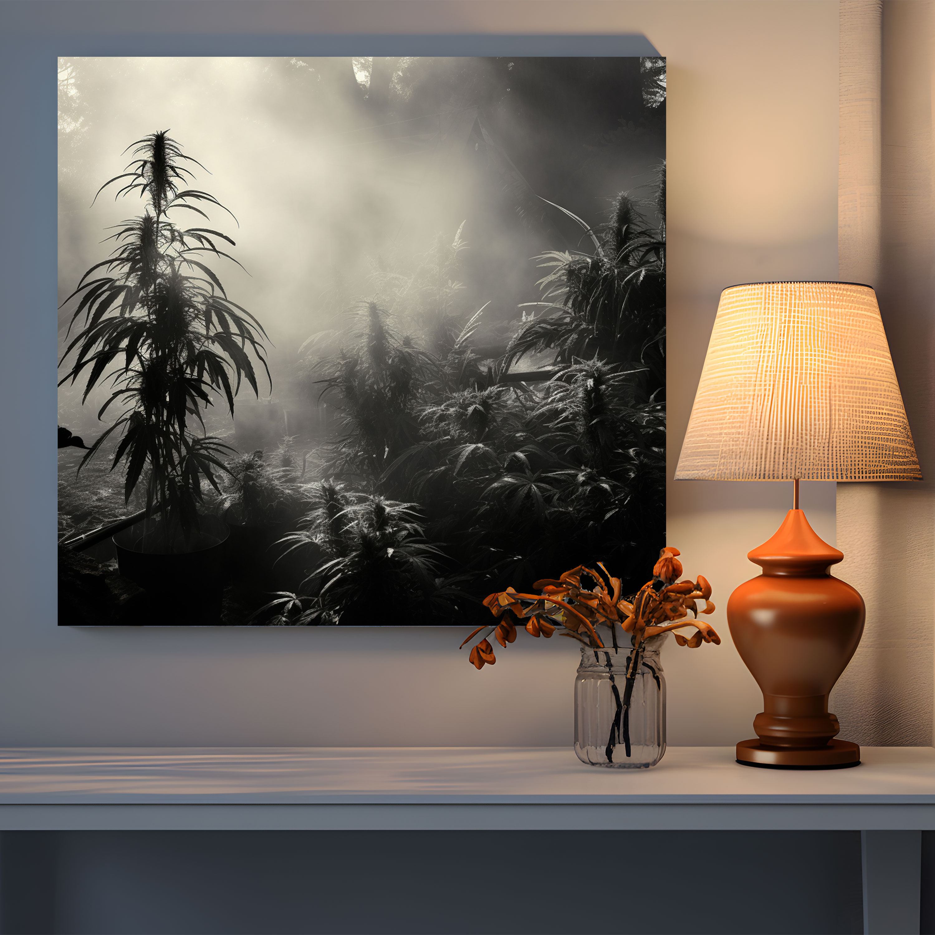 Weed Canvas Print - Weed, Wall Art, Cannabis Plants, Misty Morning Scene