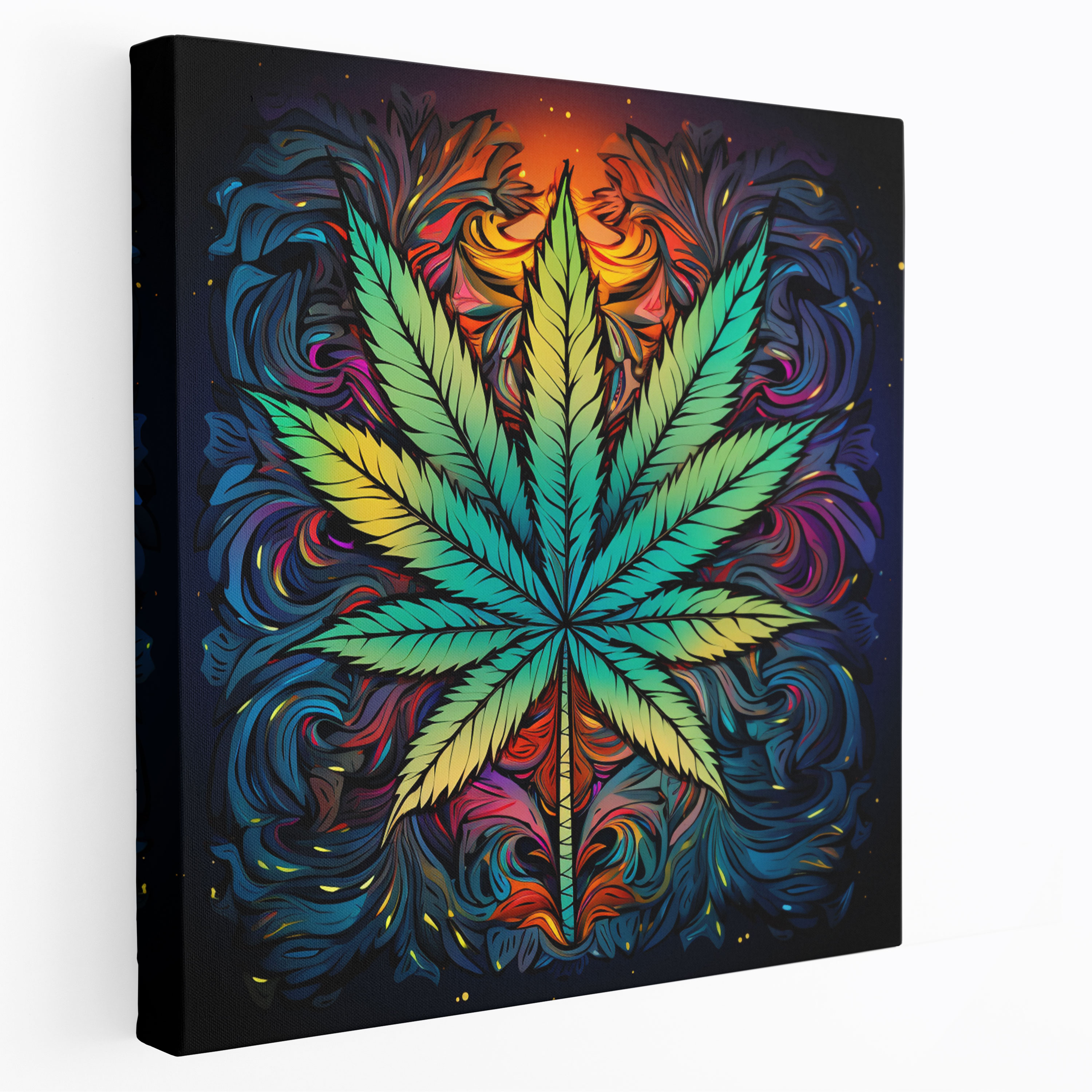 Weed Canvas Print: Colorful Intricate Marijuana Leaf - Weed, Canvas Wall Art, Weed, Vibrant Colors