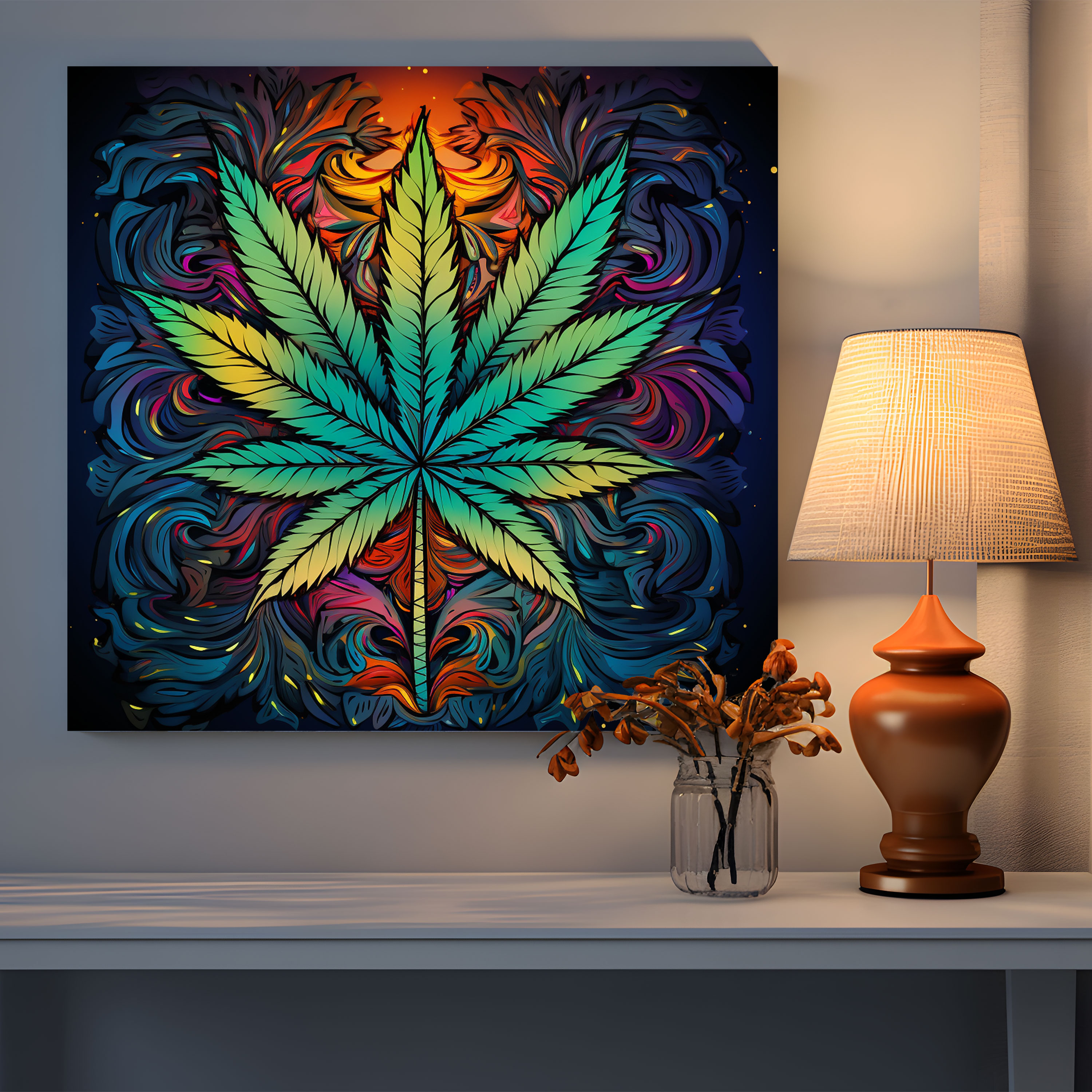 Weed Canvas Print: Colorful Intricate Marijuana Leaf - Weed, Canvas Wall Art, Weed, Vibrant Colors