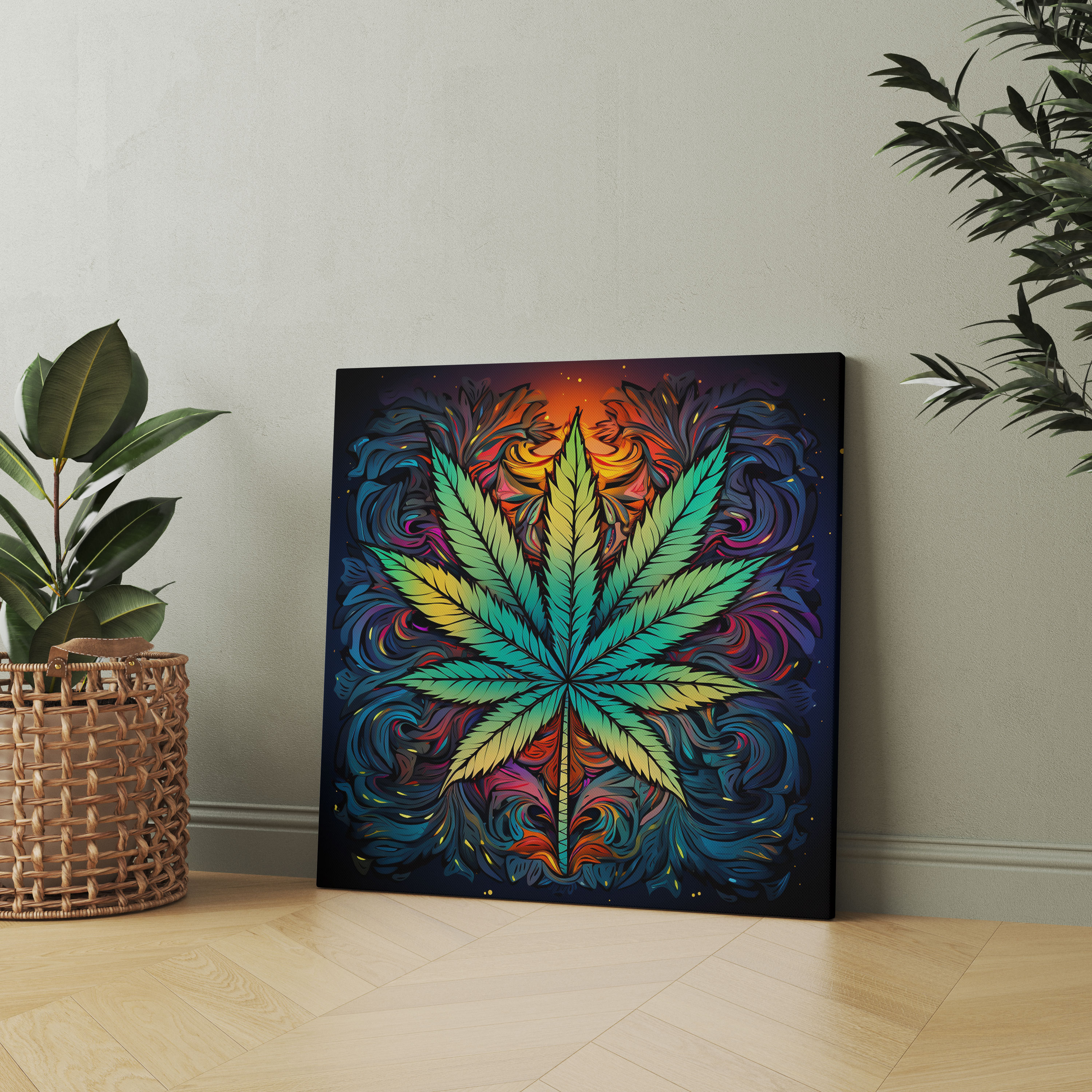 Weed Canvas Print: Colorful Intricate Marijuana Leaf - Weed, Canvas Wall Art, Weed, Vibrant Colors
