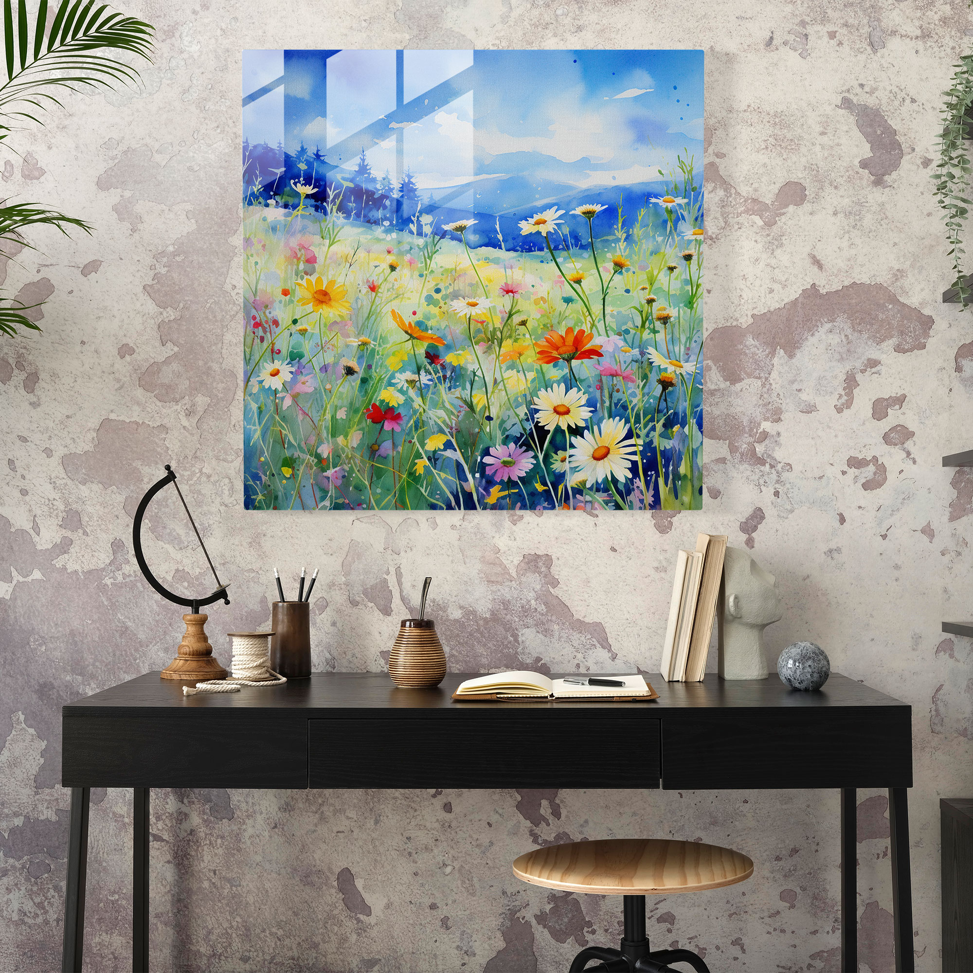 Yabani Çiçekler Suluboya Cam Tablo - Yabani Çiçek Cam Sanat Cam Duvar Sanatı Modern Sanat
