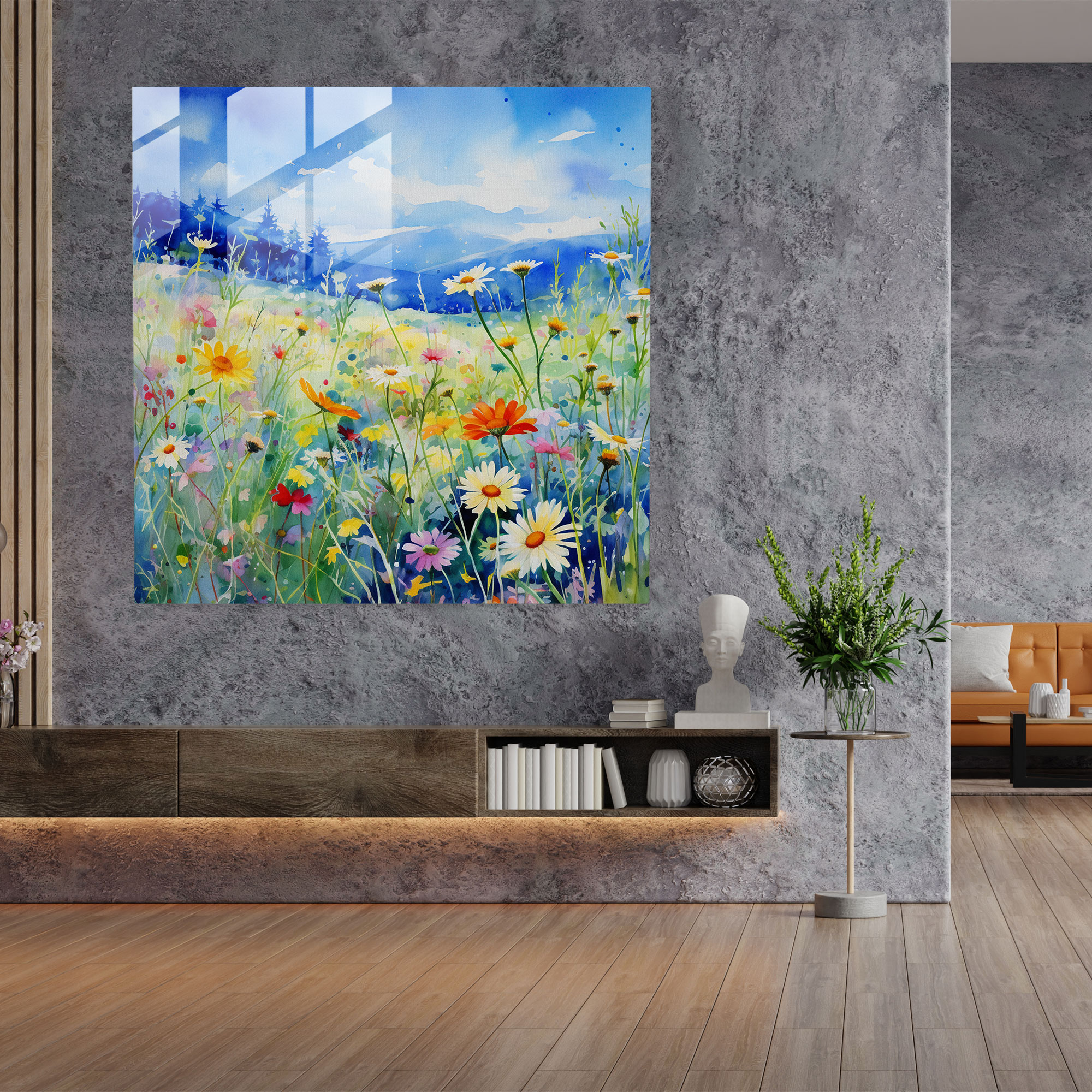 Yabani Çiçekler Suluboya Cam Tablo - Yabani Çiçek Cam Sanat Cam Duvar Sanatı Modern Sanat