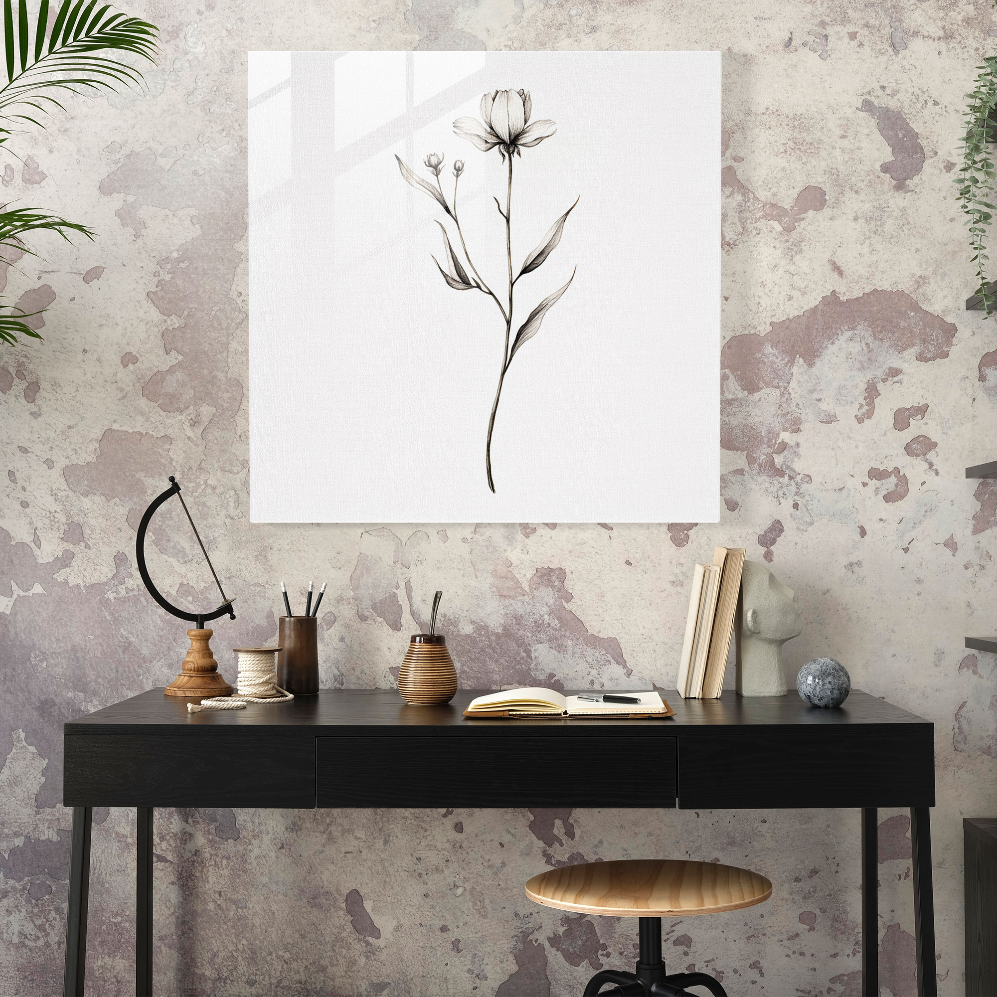 Graceful Wildflower Glass Print - Wildflower, Graceful Wildflower Stem, Minimalist Line Drawing, Glass Print