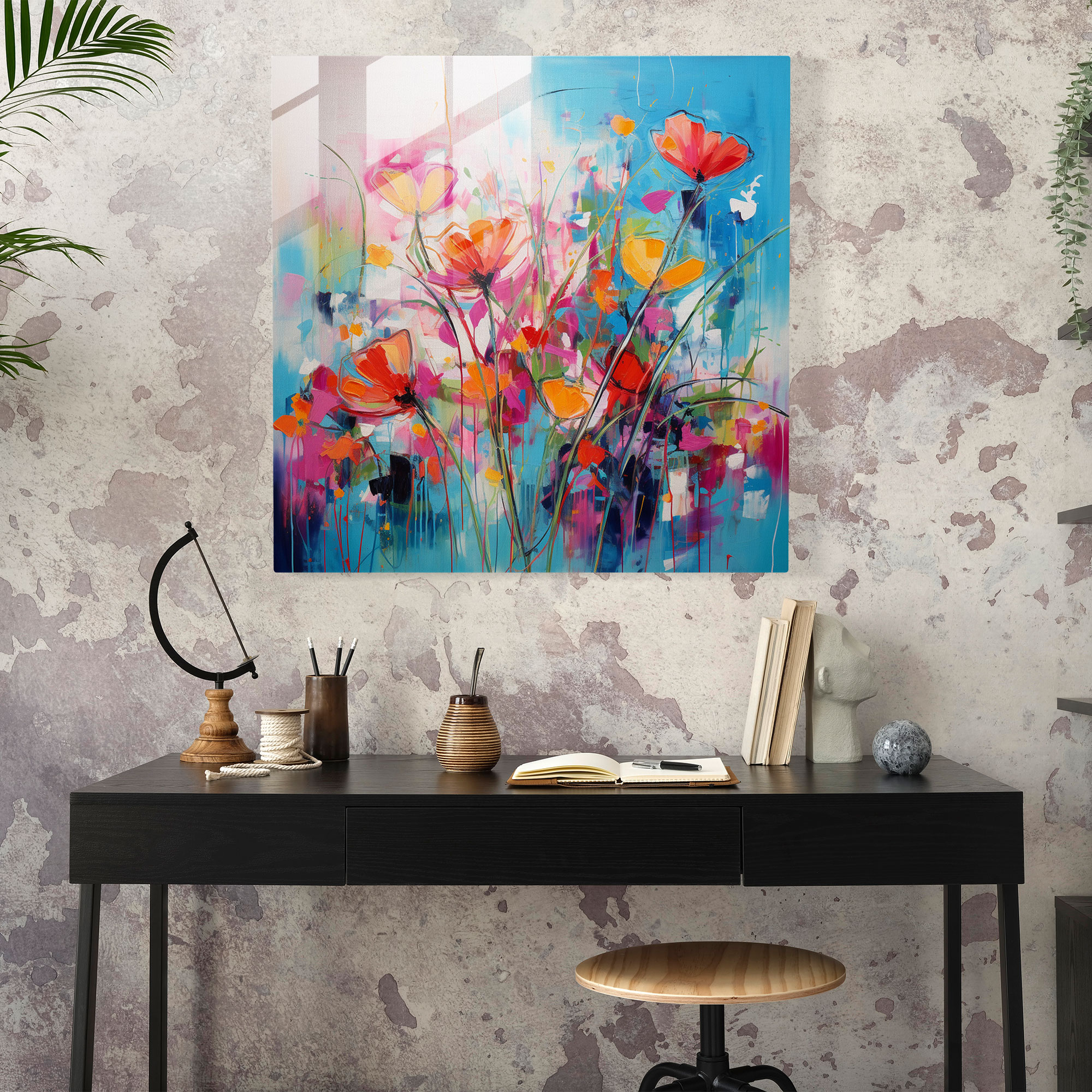 Vahşi Çiçek Soyut Ekspresyonist Cam Tablo - Vahşi Çiçek Ev Dekorasyonu Modern Sanat Soyut Ekspresyonist Eser