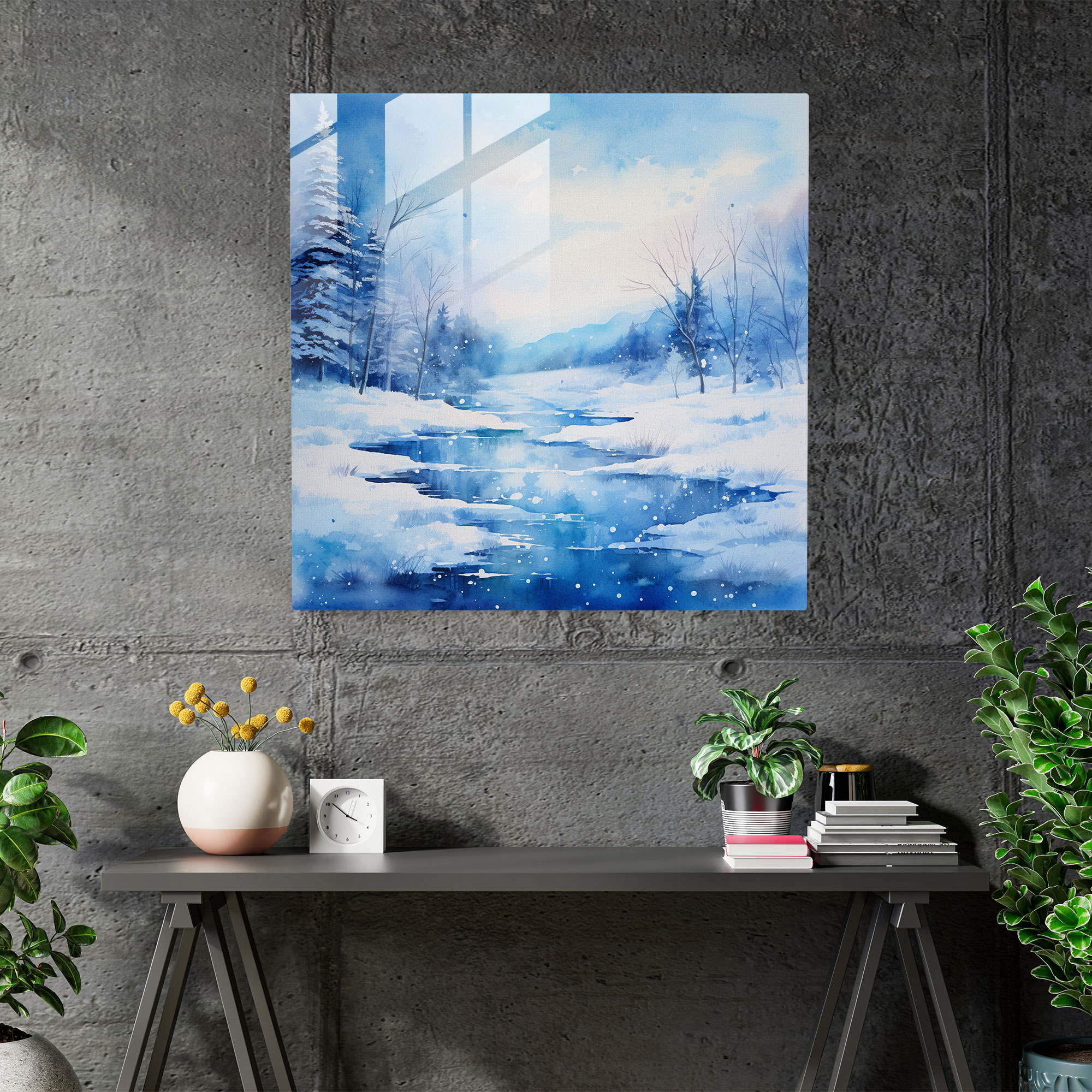 Winter Wonderland Glass Print - Winter, Modern Art, Abstract Watercolor Painting, Wall Decoration