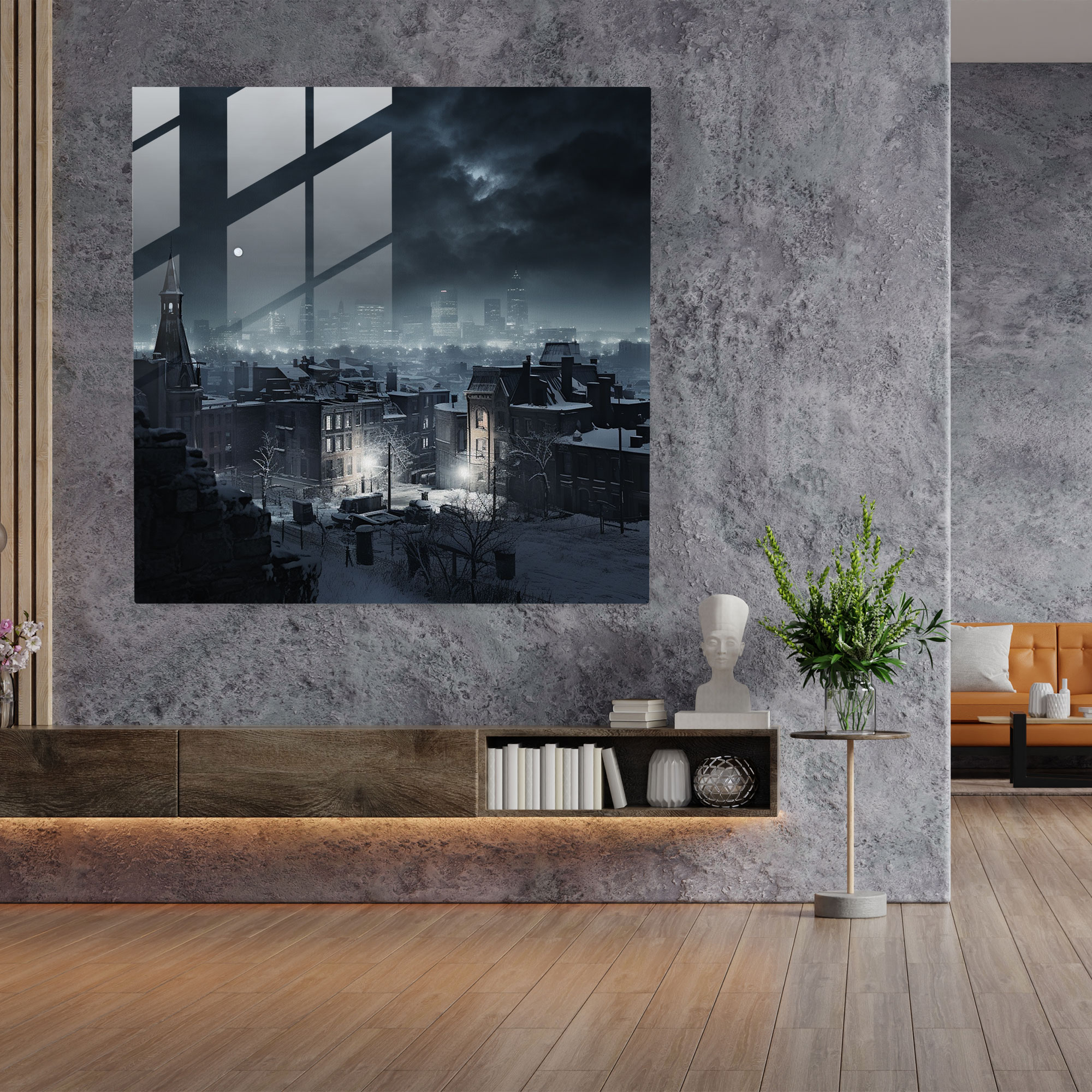 Winter Nights Glass Print - Winter, Snow-Covered Cityscape, Wall Decoration, Winter Nights