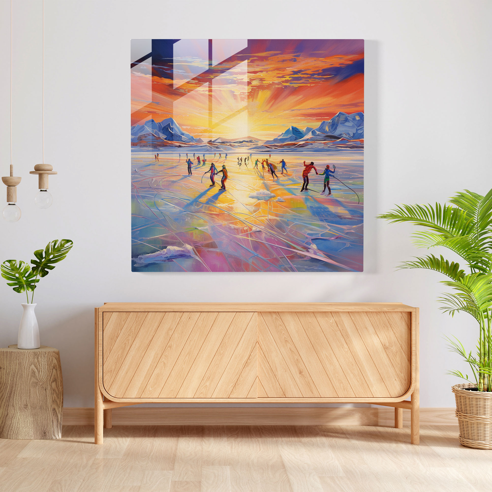 Winter Carnival Glass Print - Winter, Ice Skaters, Glass Wall Art, Vibrant Painting