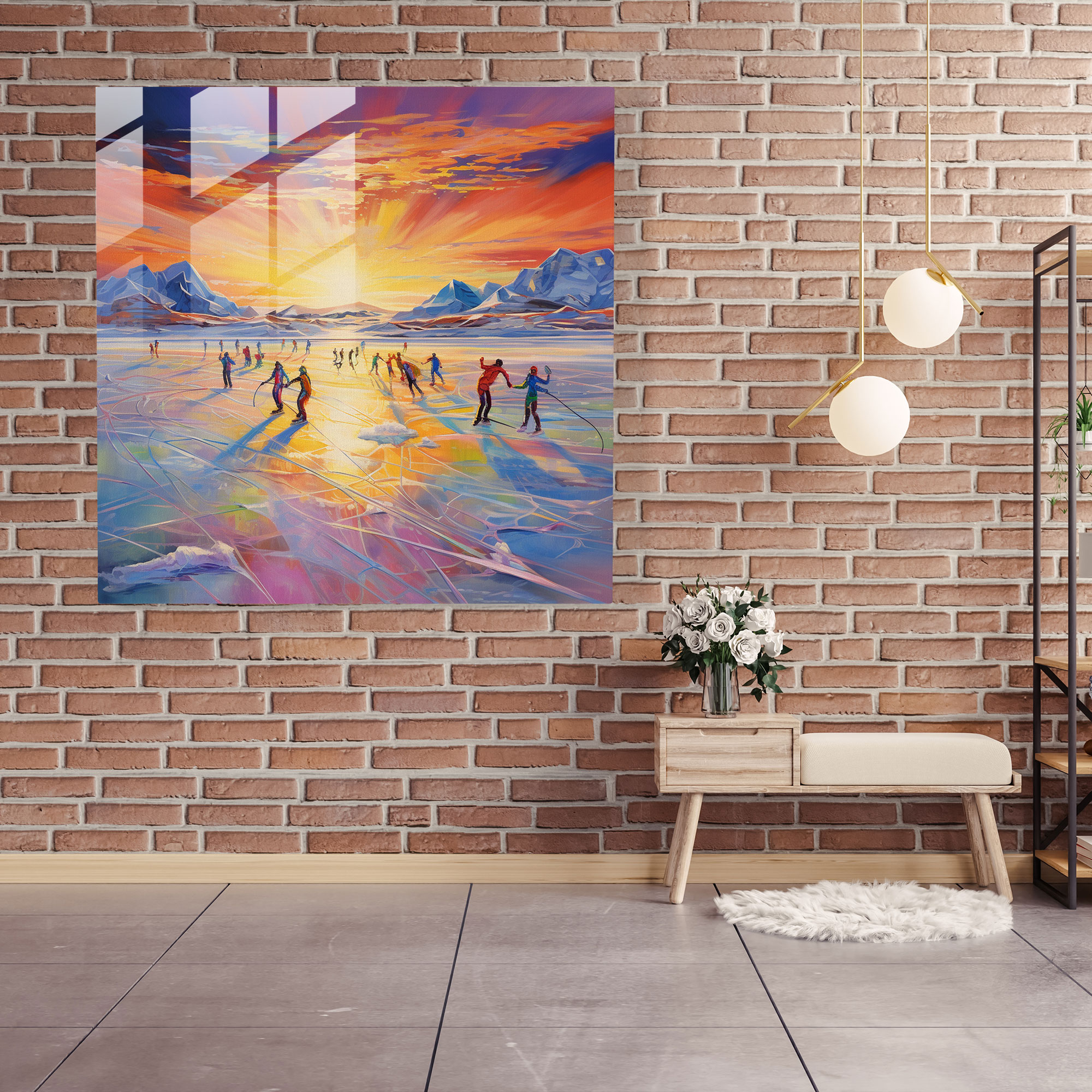 Winter Carnival Glass Print - Winter, Ice Skaters, Glass Wall Art, Vibrant Painting