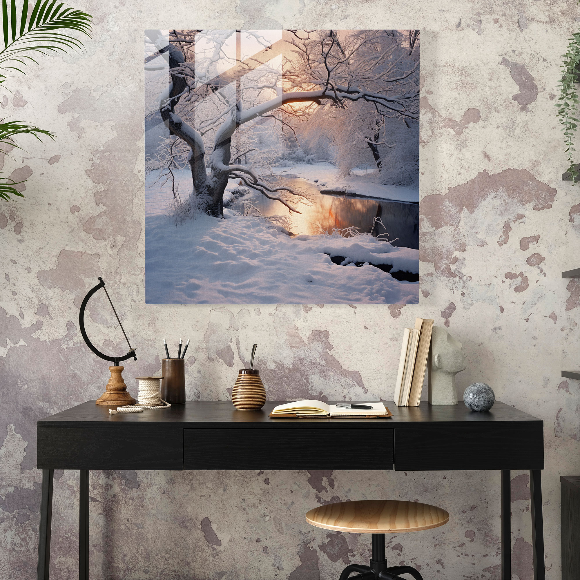 Winter Bliss Glass Print - Winter, Snow-Covered Branches, Modern Art, Wall Decoration