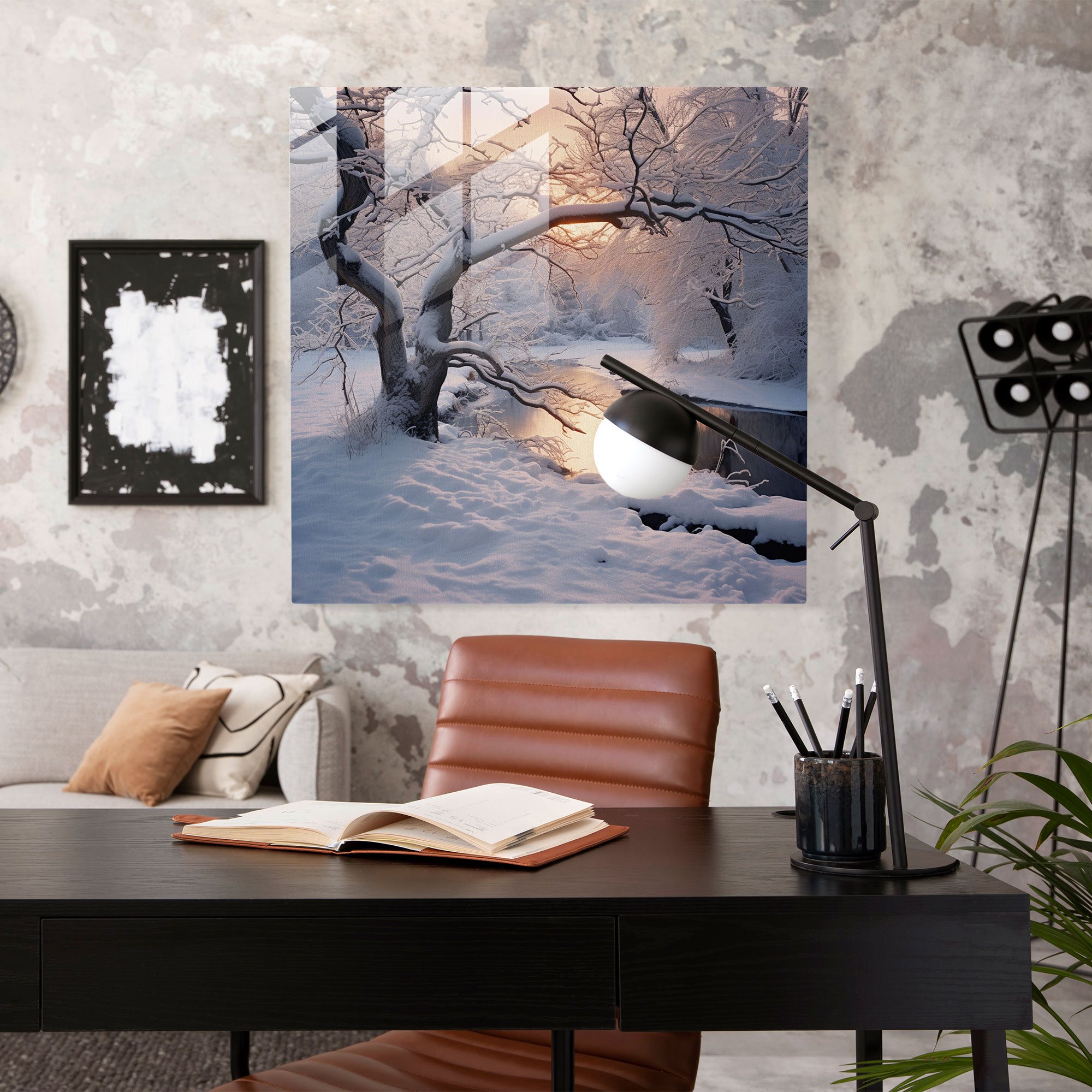 Winter Bliss Glass Print - Winter, Snow-Covered Branches, Modern Art, Wall Decoration