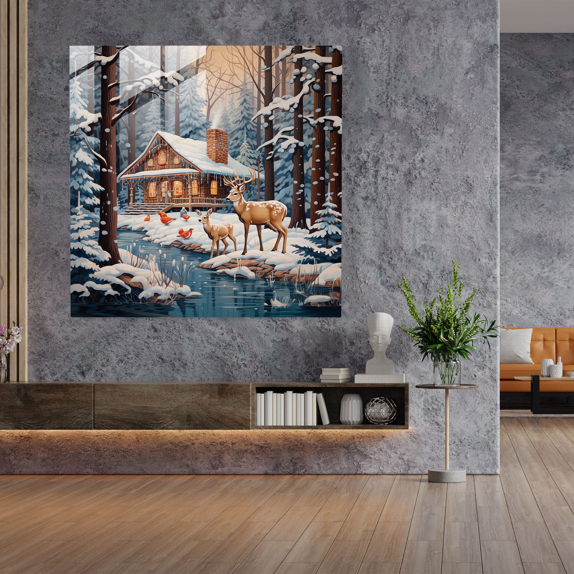 Enchanted Cabin Glass Print - Winter, Winter, Modern Art, Home Decoration