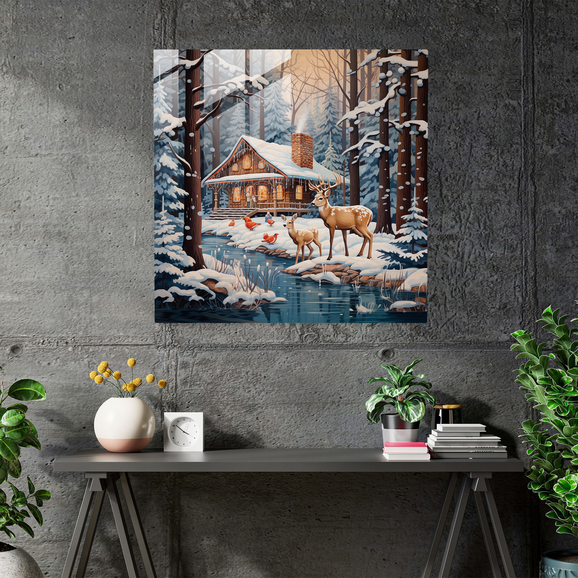 Enchanted Cabin Glass Print - Winter, Winter, Modern Art, Home Decoration