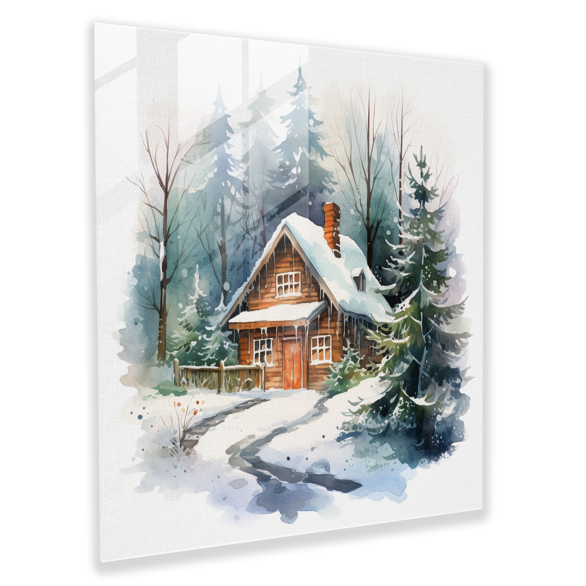 Winter Tranquility Glass Print - Winter, Glass Art, Modern Art, Watercolor