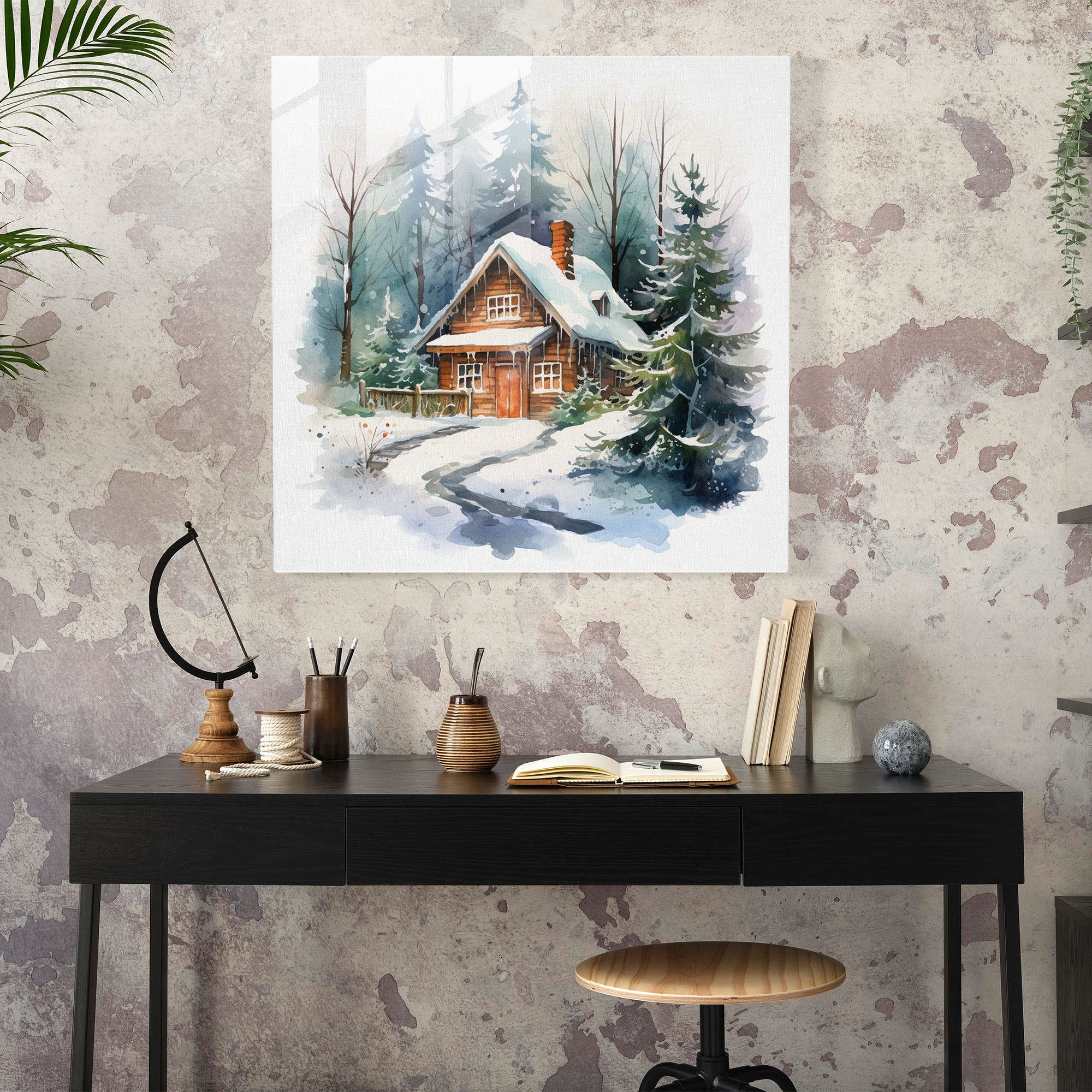 Winter Tranquility Glass Print - Winter, Glass Art, Modern Art, Watercolor
