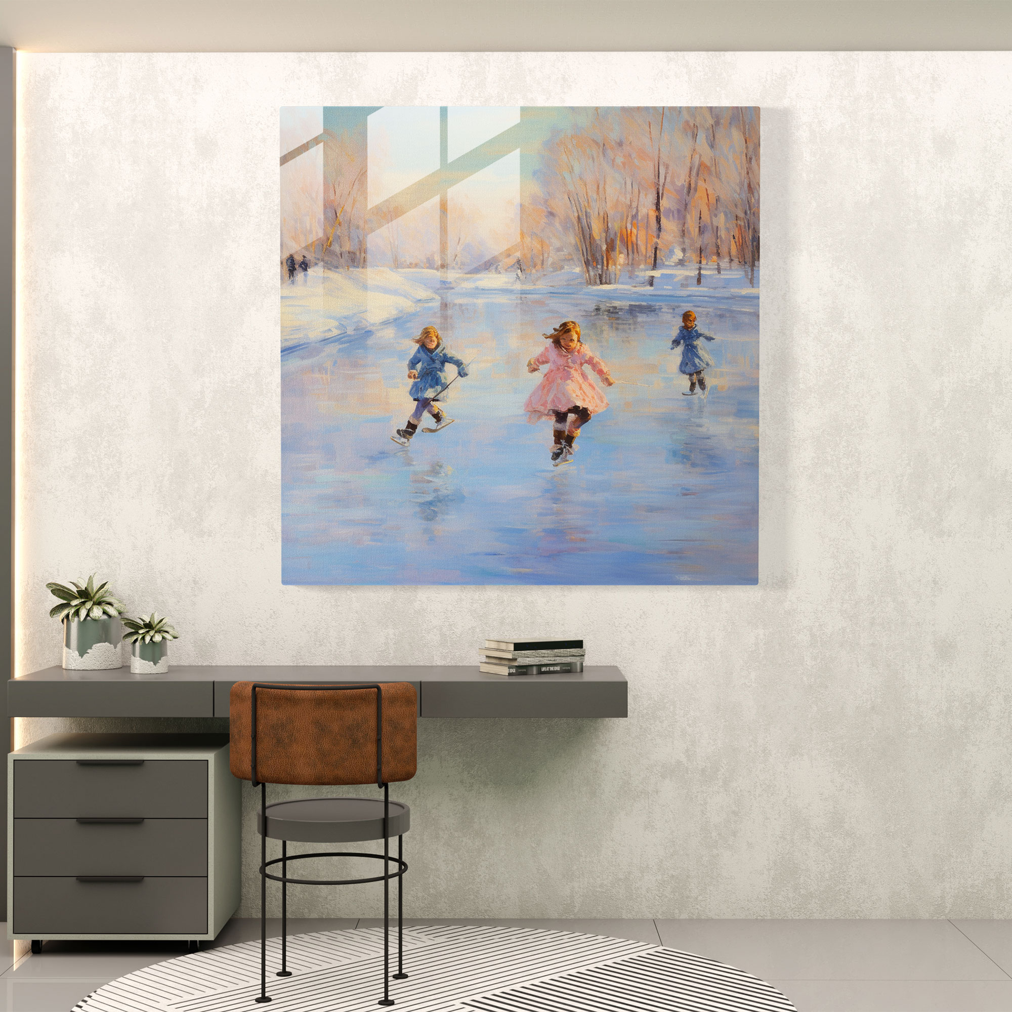 Joyful Winter Skaters Glass Print - Winter, Skaters, Wall Decoration, Glass Print