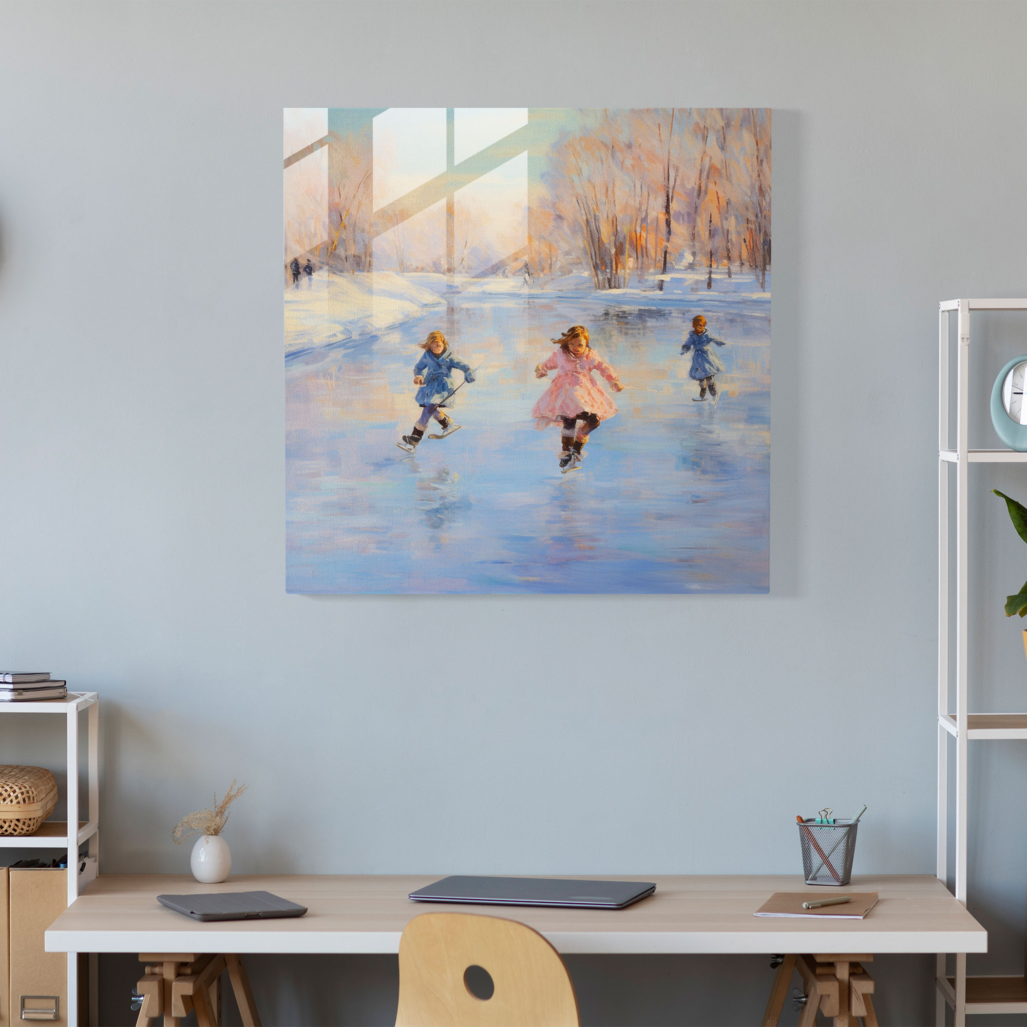 Joyful Winter Skaters Glass Print - Winter, Skaters, Wall Decoration, Glass Print