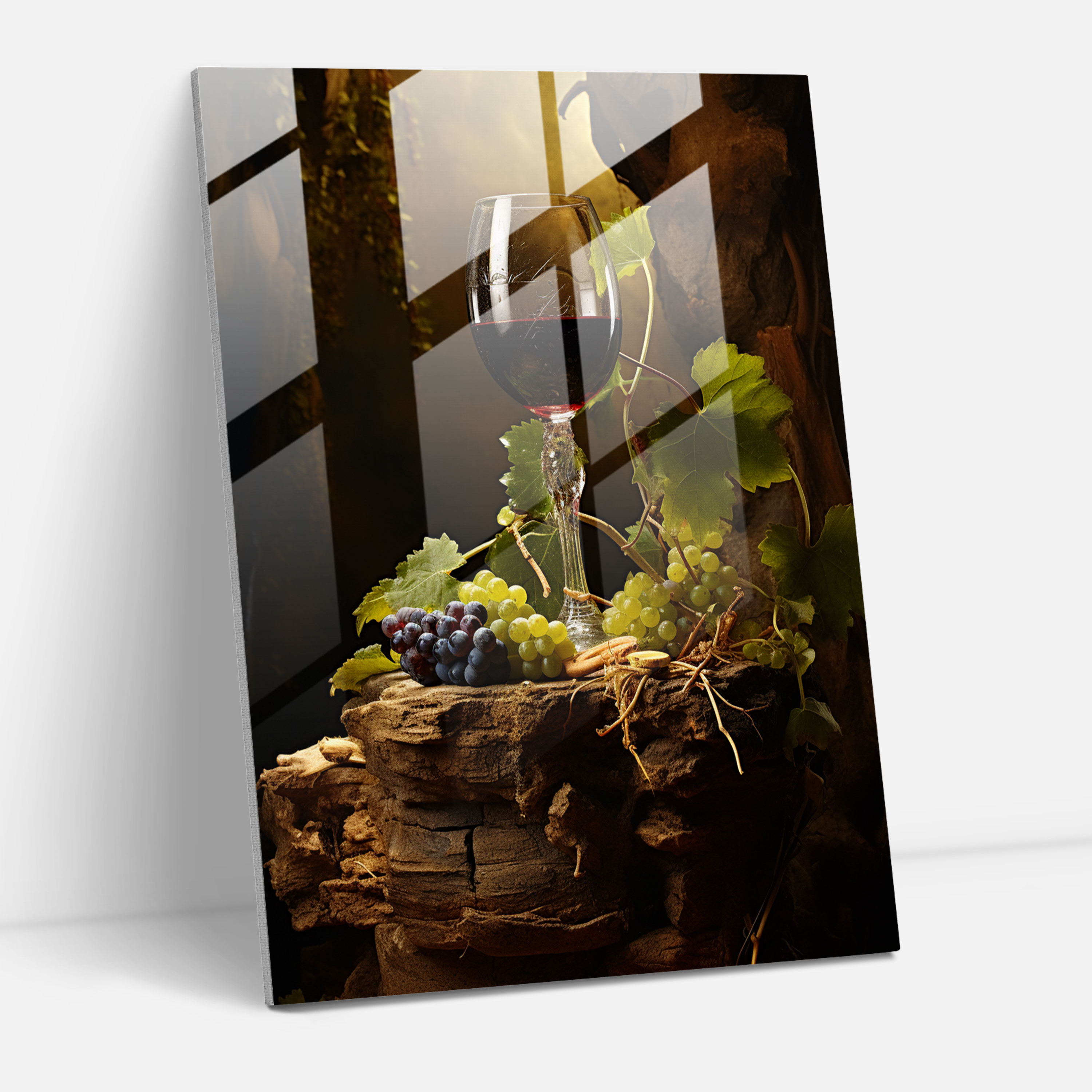 Wine Glass Print - Rustic Vine Leaves - Glass Art - Wine, Home Decoration, Glass Print, Modern Art