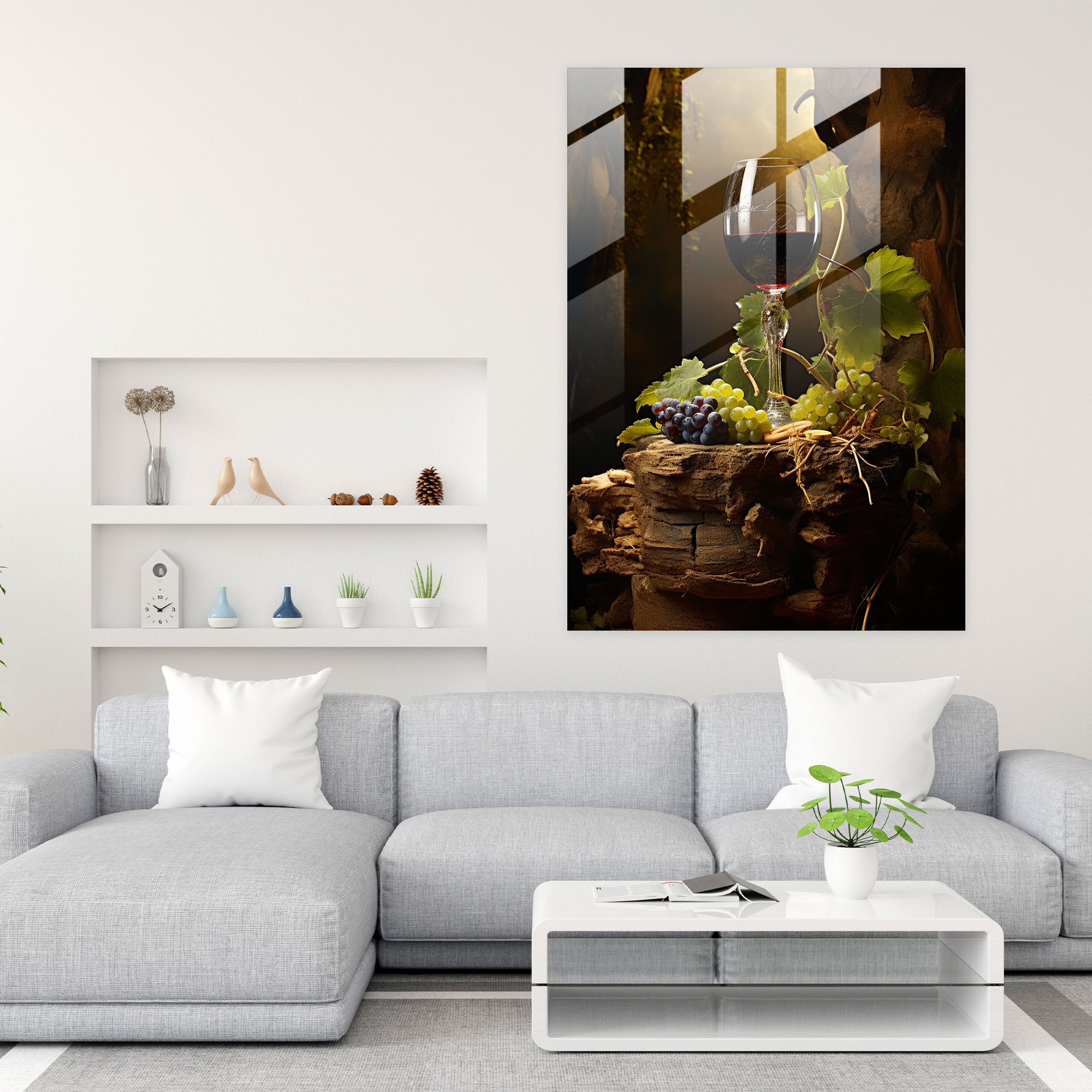 Wine Glass Print - Rustic Vine Leaves - Glass Art - Wine, Home Decoration, Glass Print, Modern Art