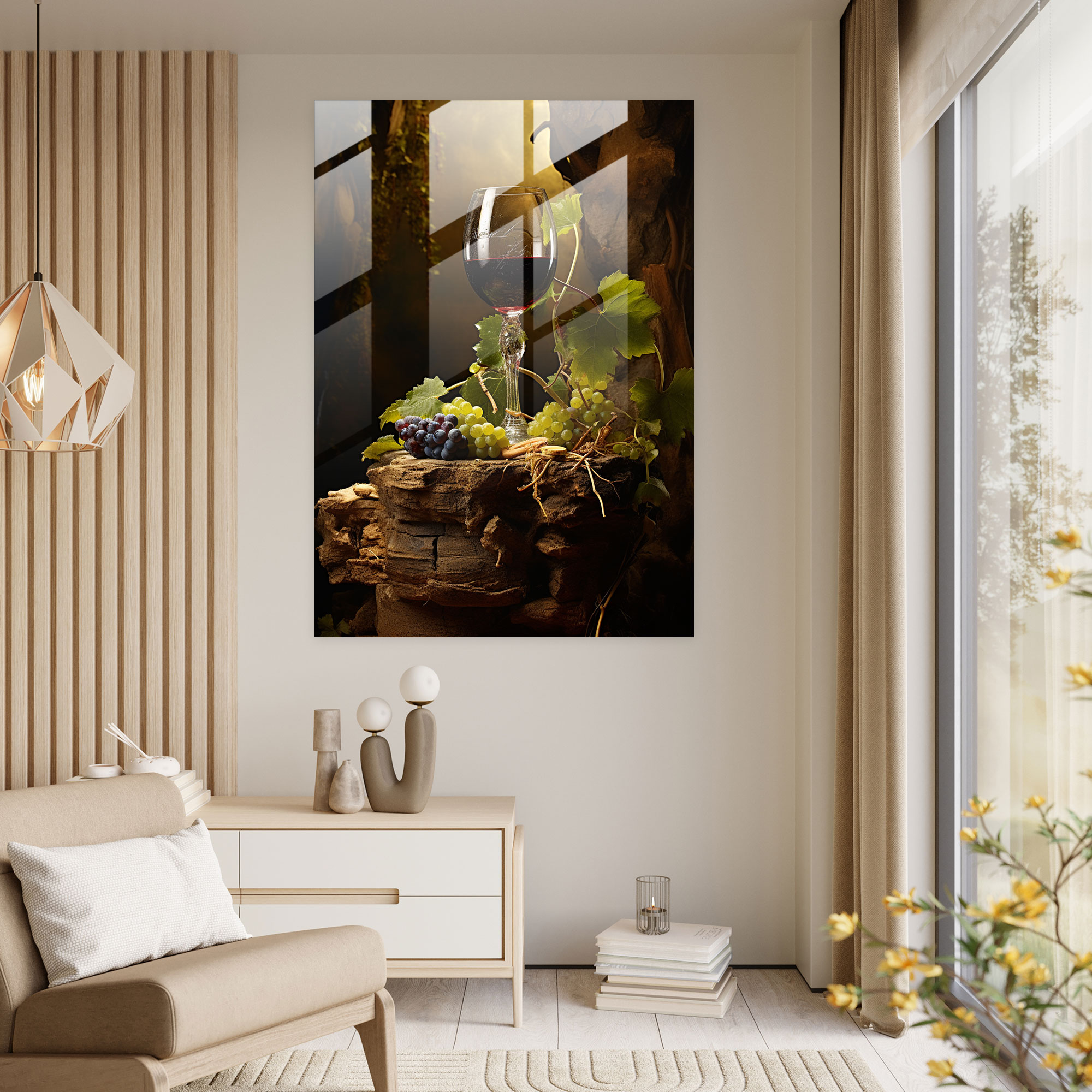 Wine Glass Print - Rustic Vine Leaves - Glass Art - Wine, Home Decoration, Glass Print, Modern Art