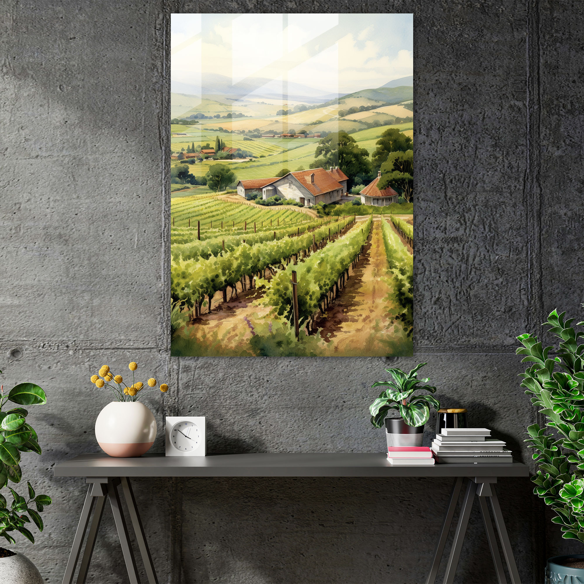 Wine Vineyard Glass Print - Wine, Home Decoration, Wall Decoration, Rolling Hills