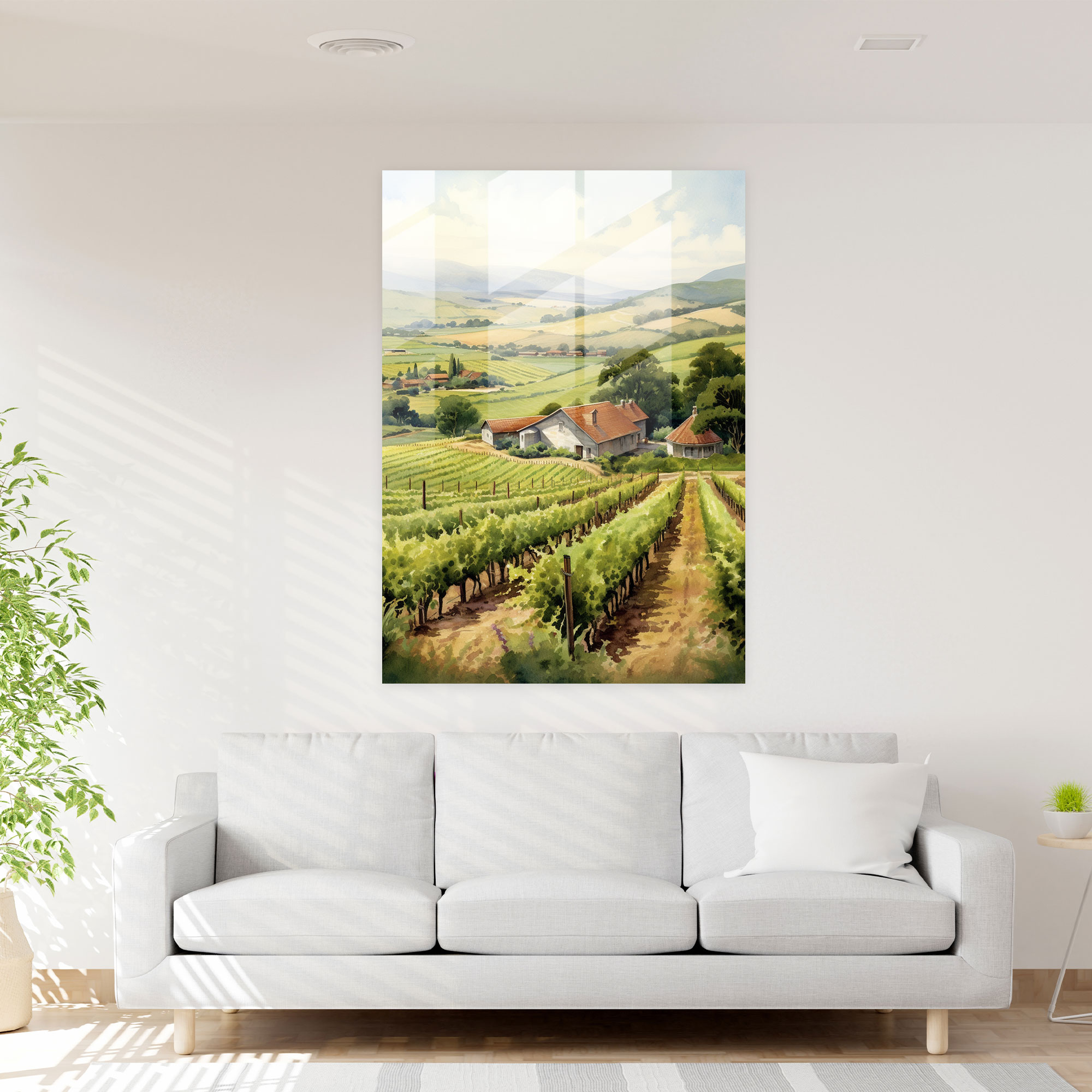 Wine Vineyard Glass Print - Wine, Home Decoration, Wall Decoration, Rolling Hills