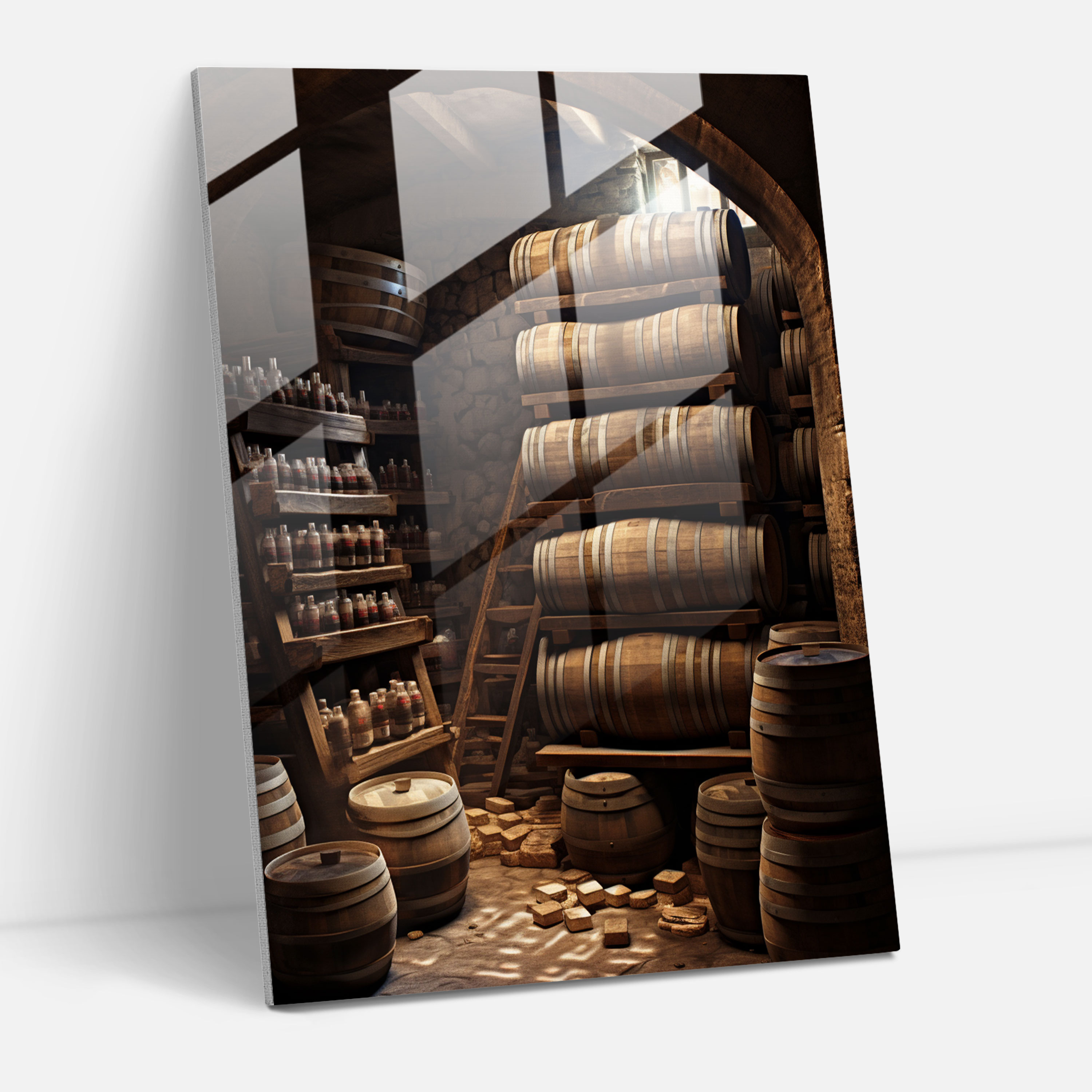 Wine Cellar Glass Print - Wine, Wine, Glass Art, Wooden Barrels