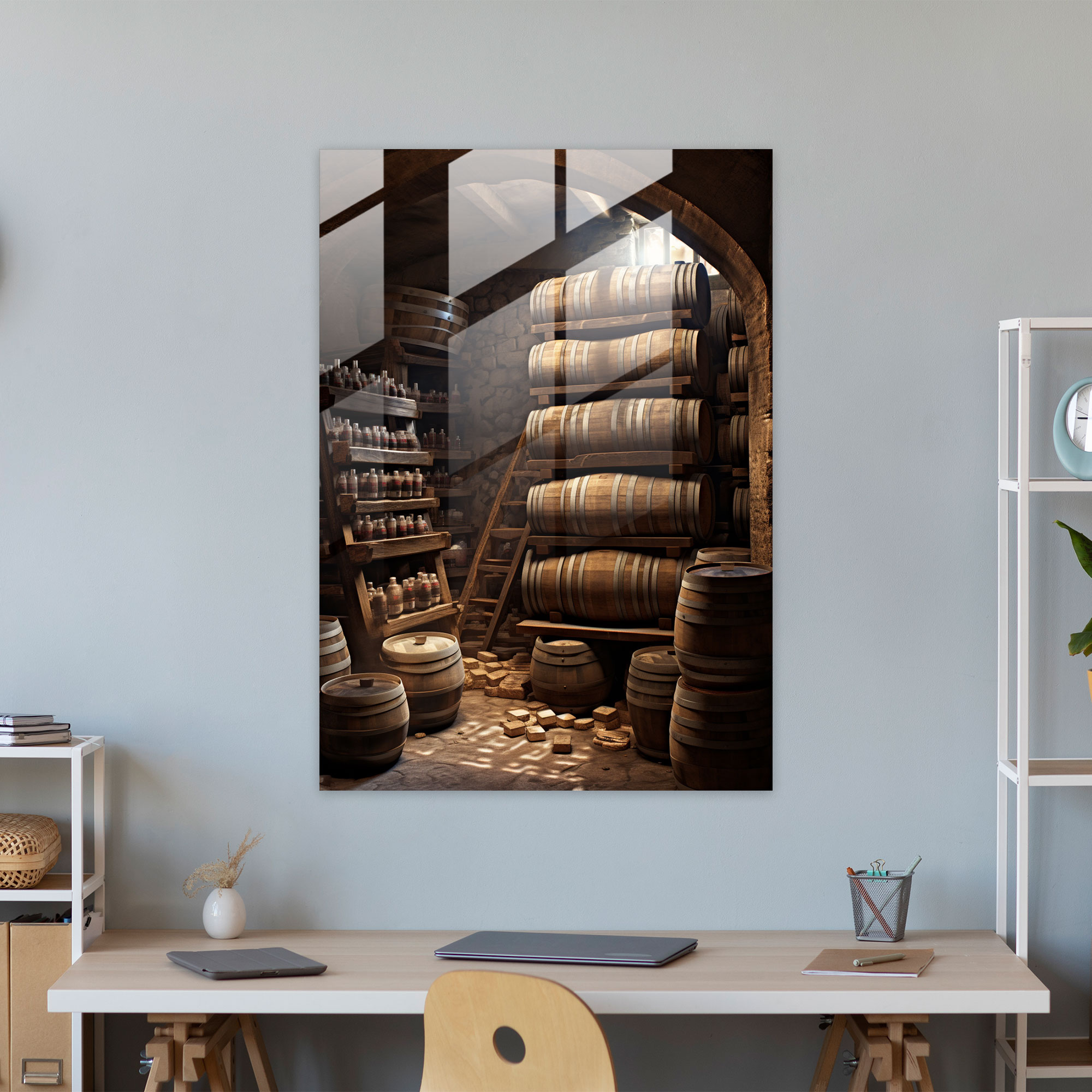 Wine Cellar Glass Print - Wine, Wine, Glass Art, Wooden Barrels
