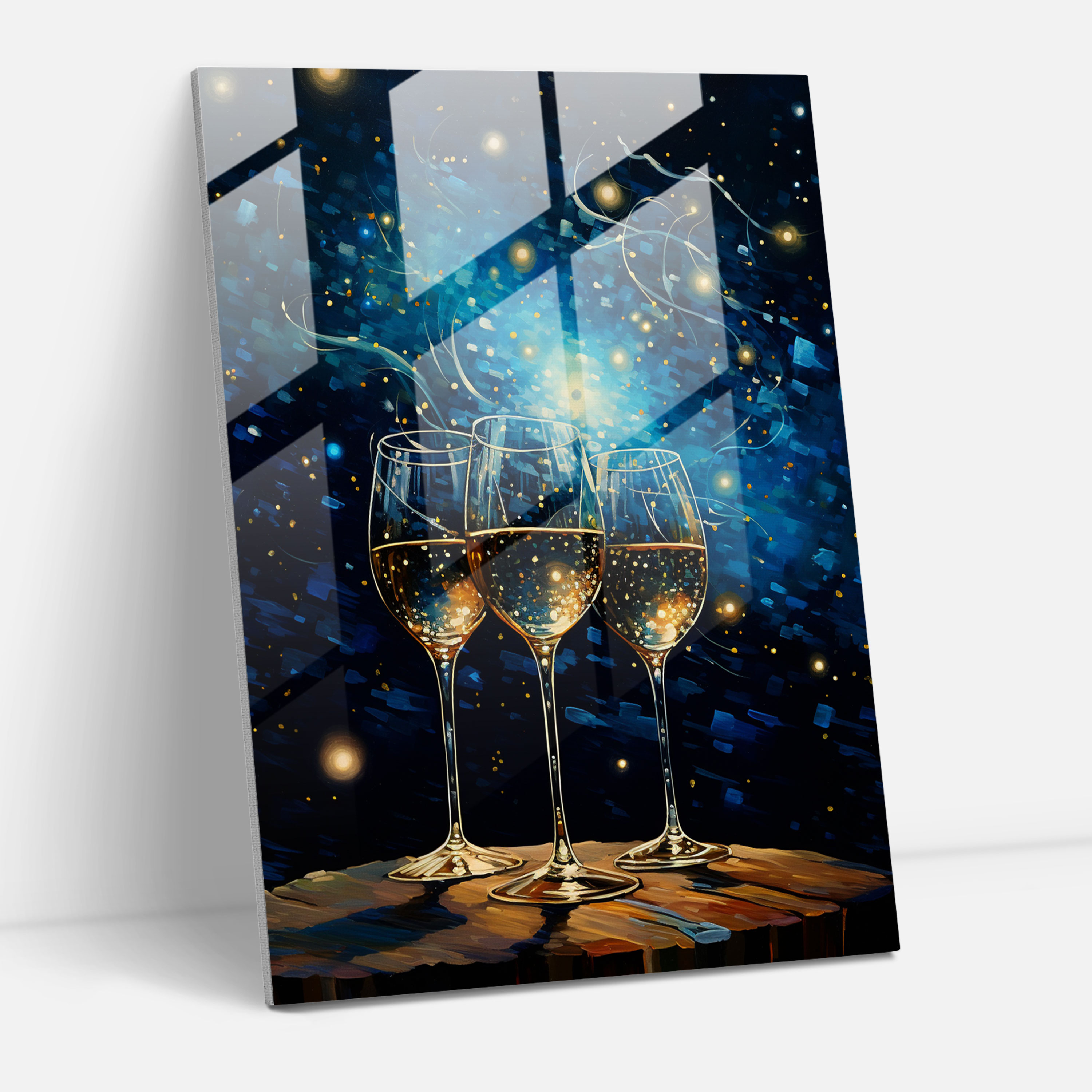 Starry Night Wine Glasses Glass Print - Wine, Home Decoration, Surreal Artwork, Modern Art