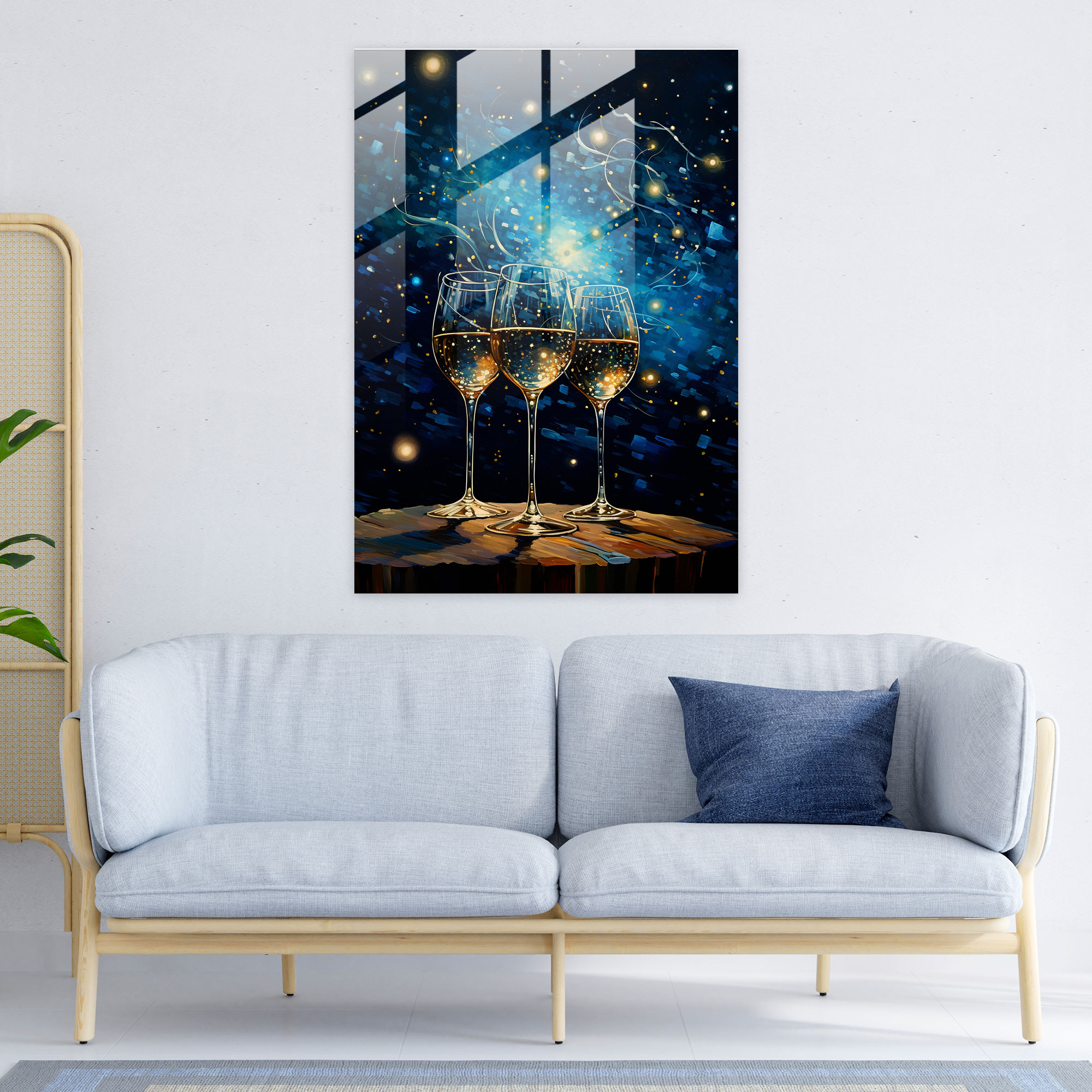 Starry Night Wine Glasses Glass Print - Wine, Home Decoration, Surreal Artwork, Modern Art