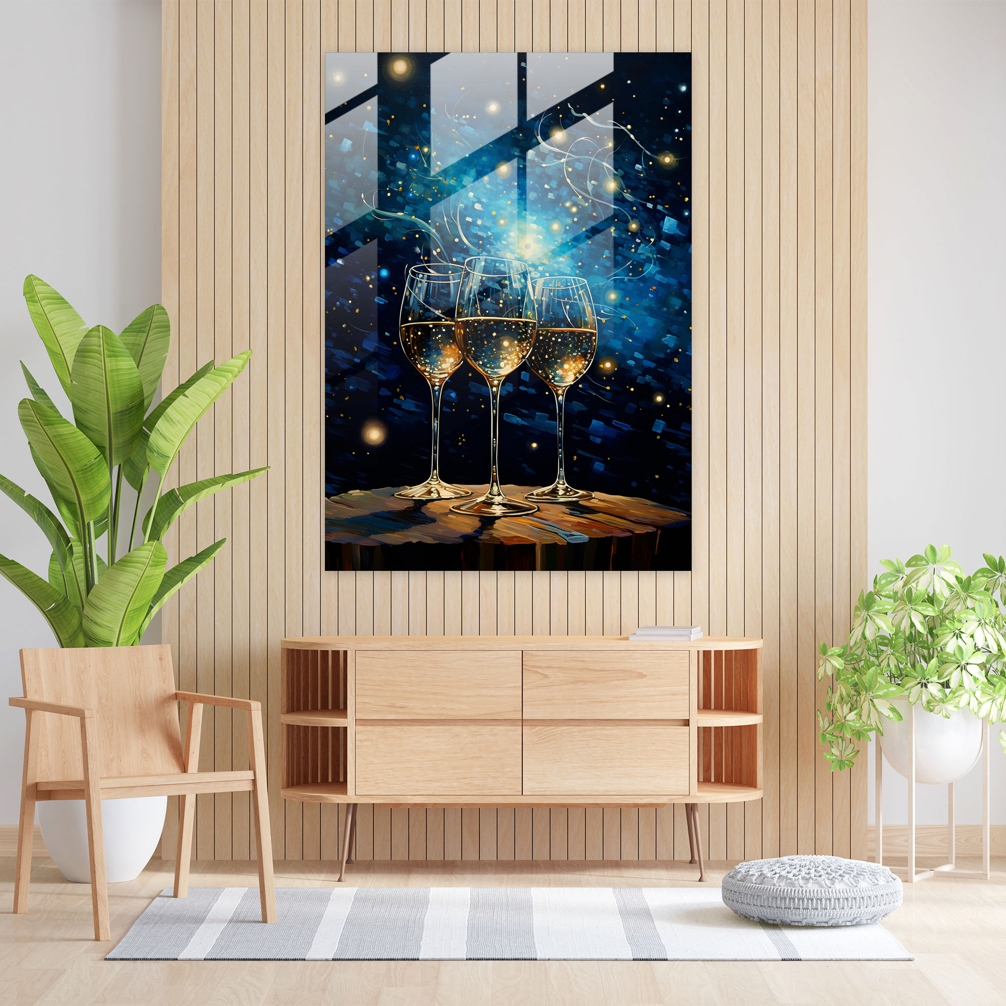 Starry Night Wine Glasses Glass Print - Wine, Home Decoration, Surreal Artwork, Modern Art