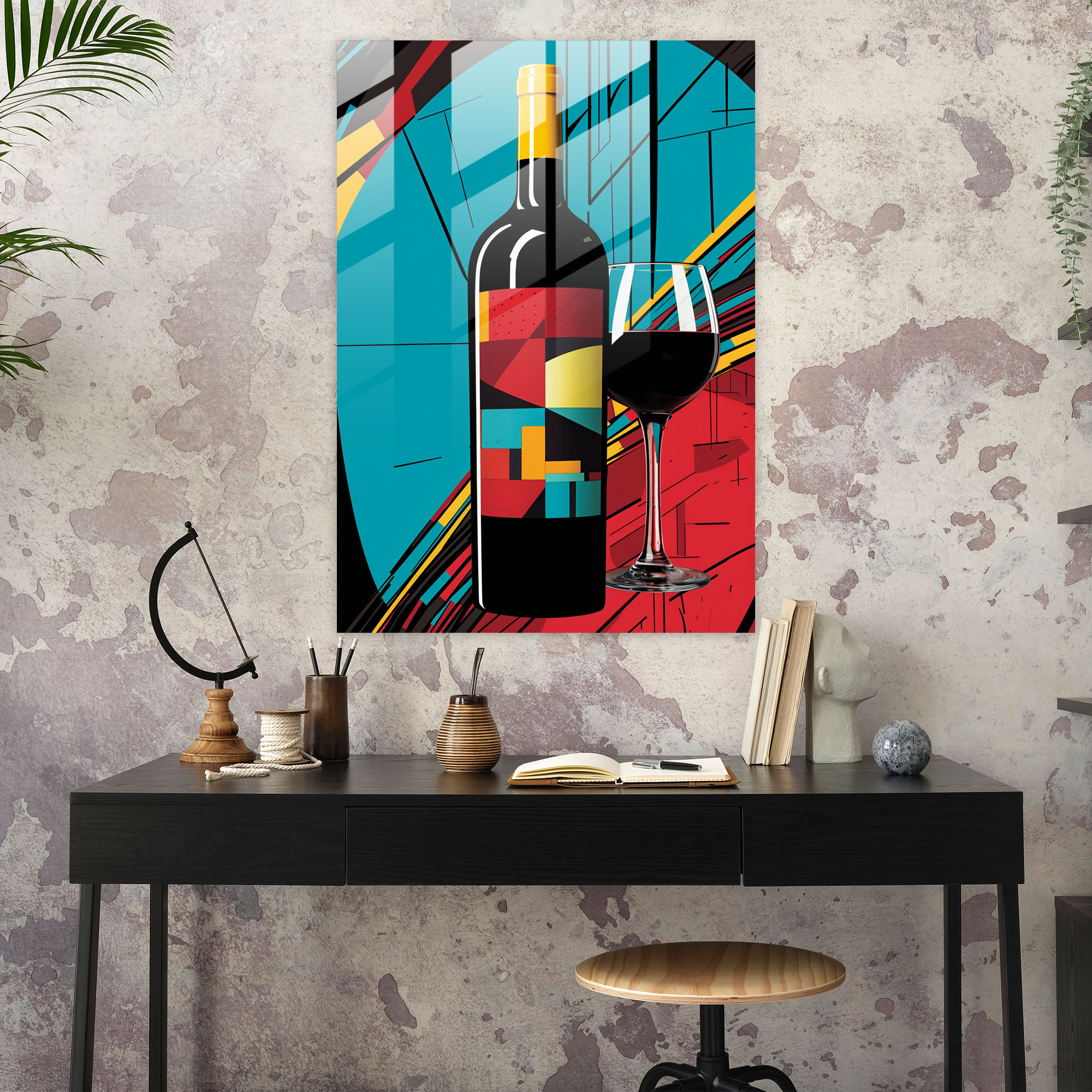 Pop Art Wine Bottle Glass Print - Wine, Wall Decoration, Graphic Elements, Bold Colors