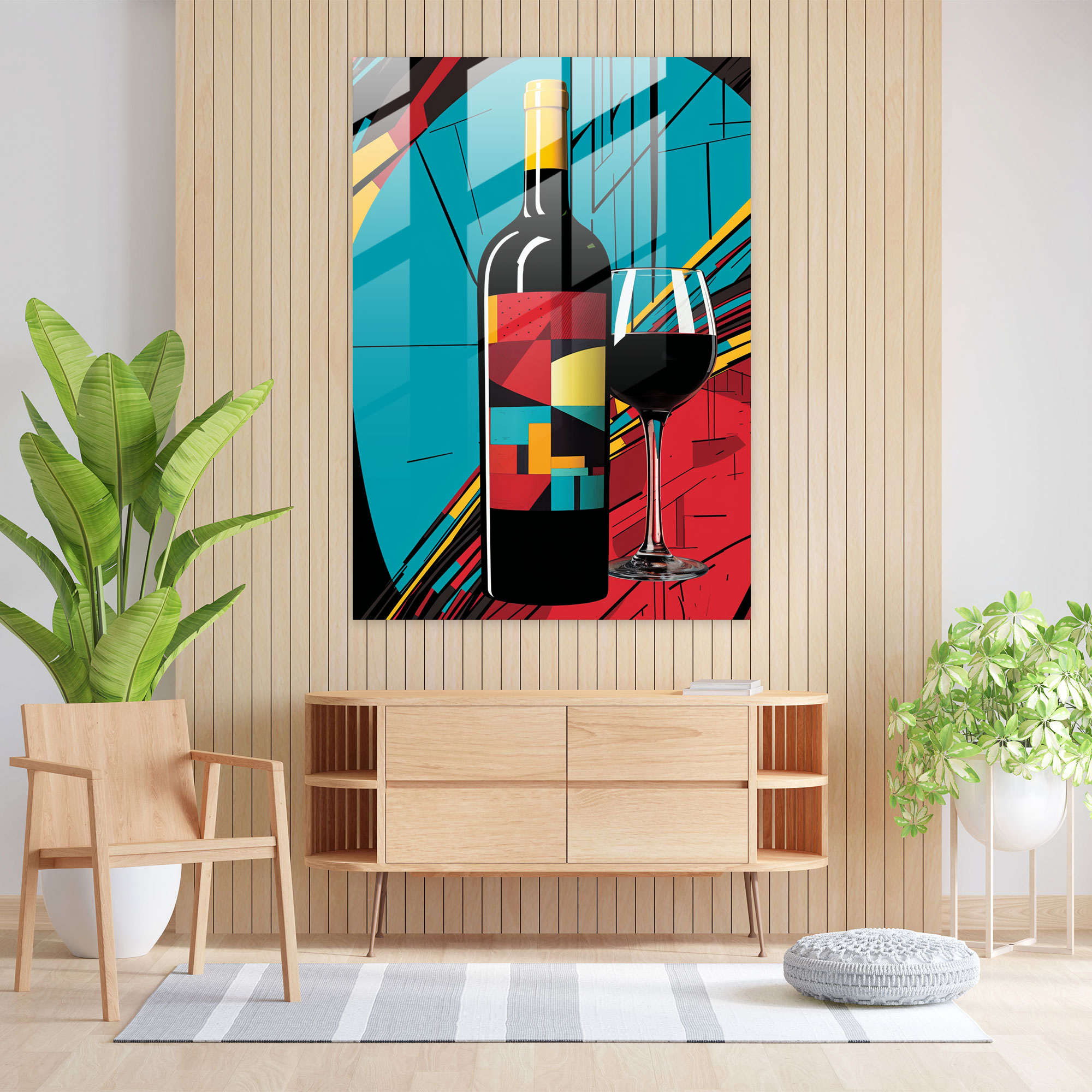 Pop Art Wine Bottle Glass Print - Wine, Wall Decoration, Graphic Elements, Bold Colors