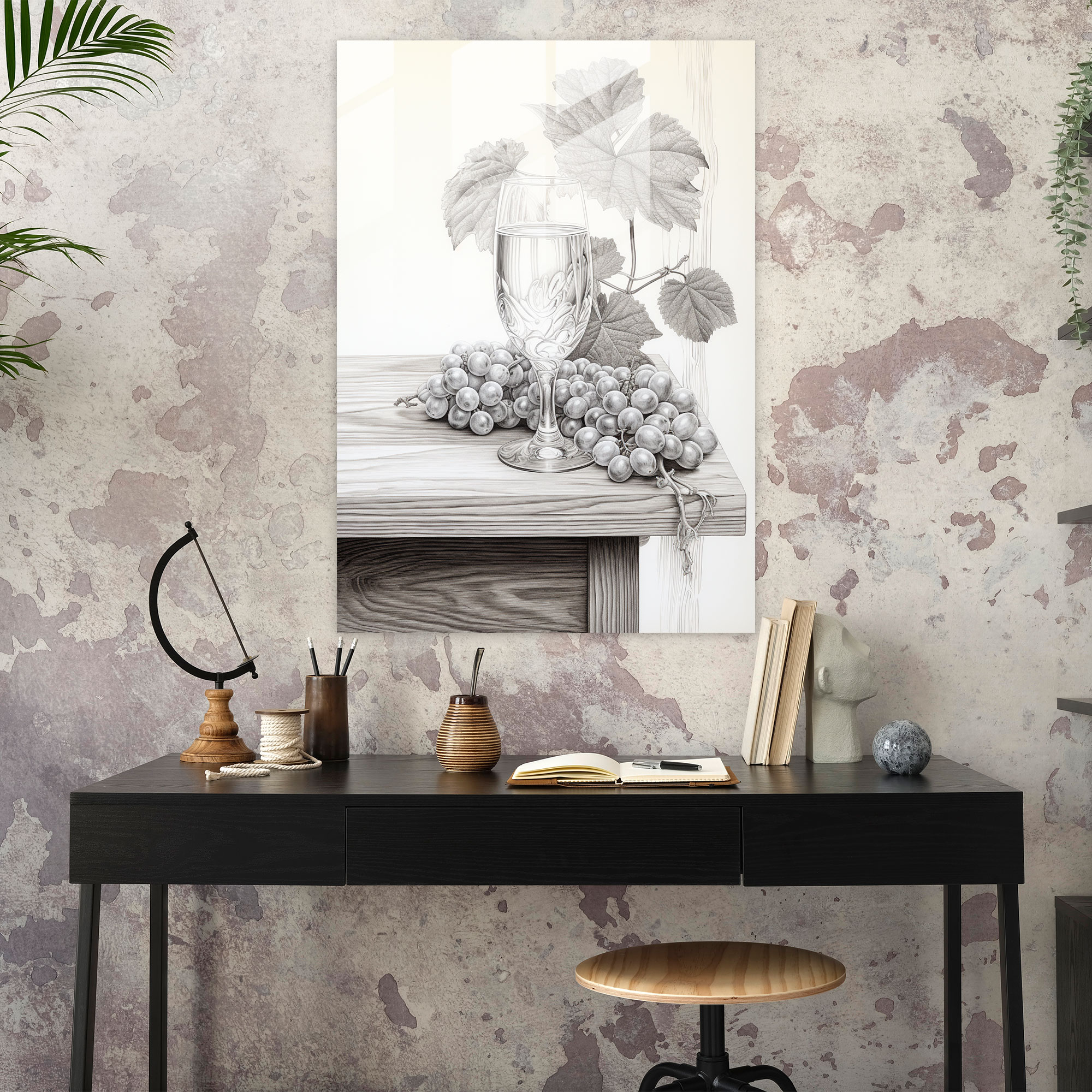 Classic Wine Glass Drawing Glass Print - Wine, Wall Decoration, Home Decoration, Wine