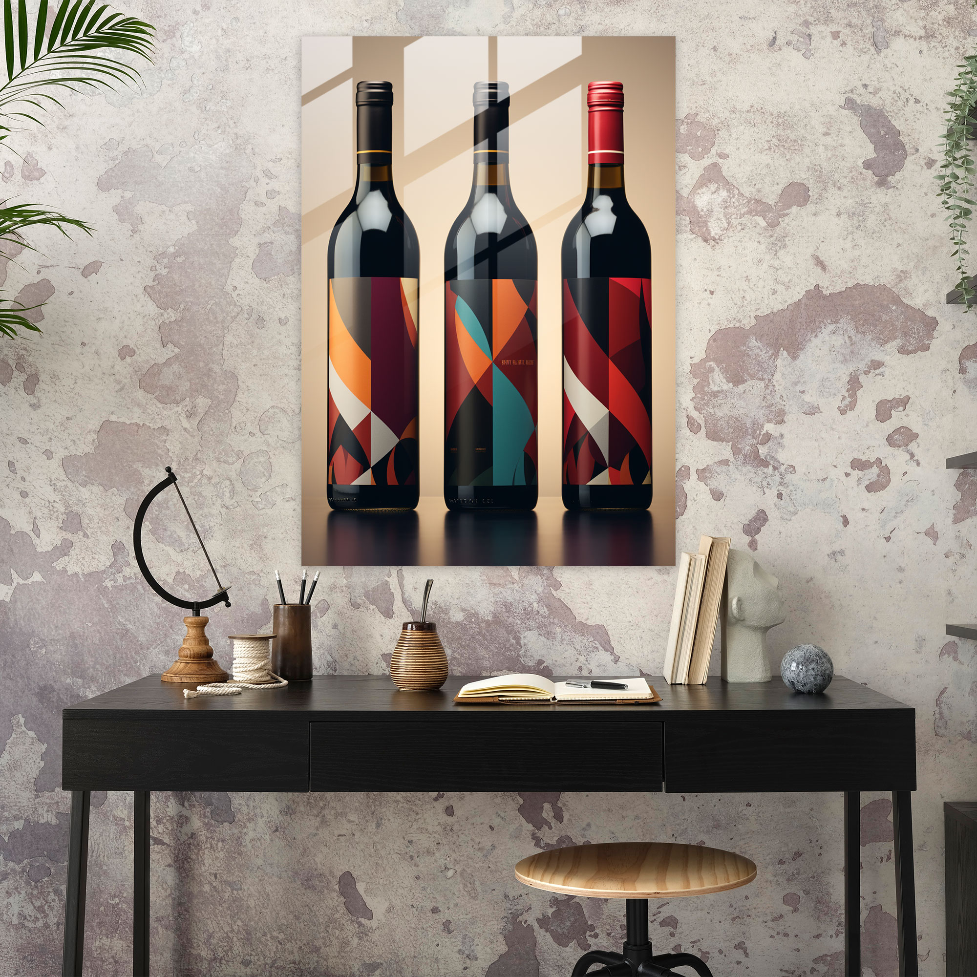 Wine Glass Print - Geometric Abstract Glass Wall Art - Wine, Wine Bottle Labels, Contemporary Twist, Intricate Patterns