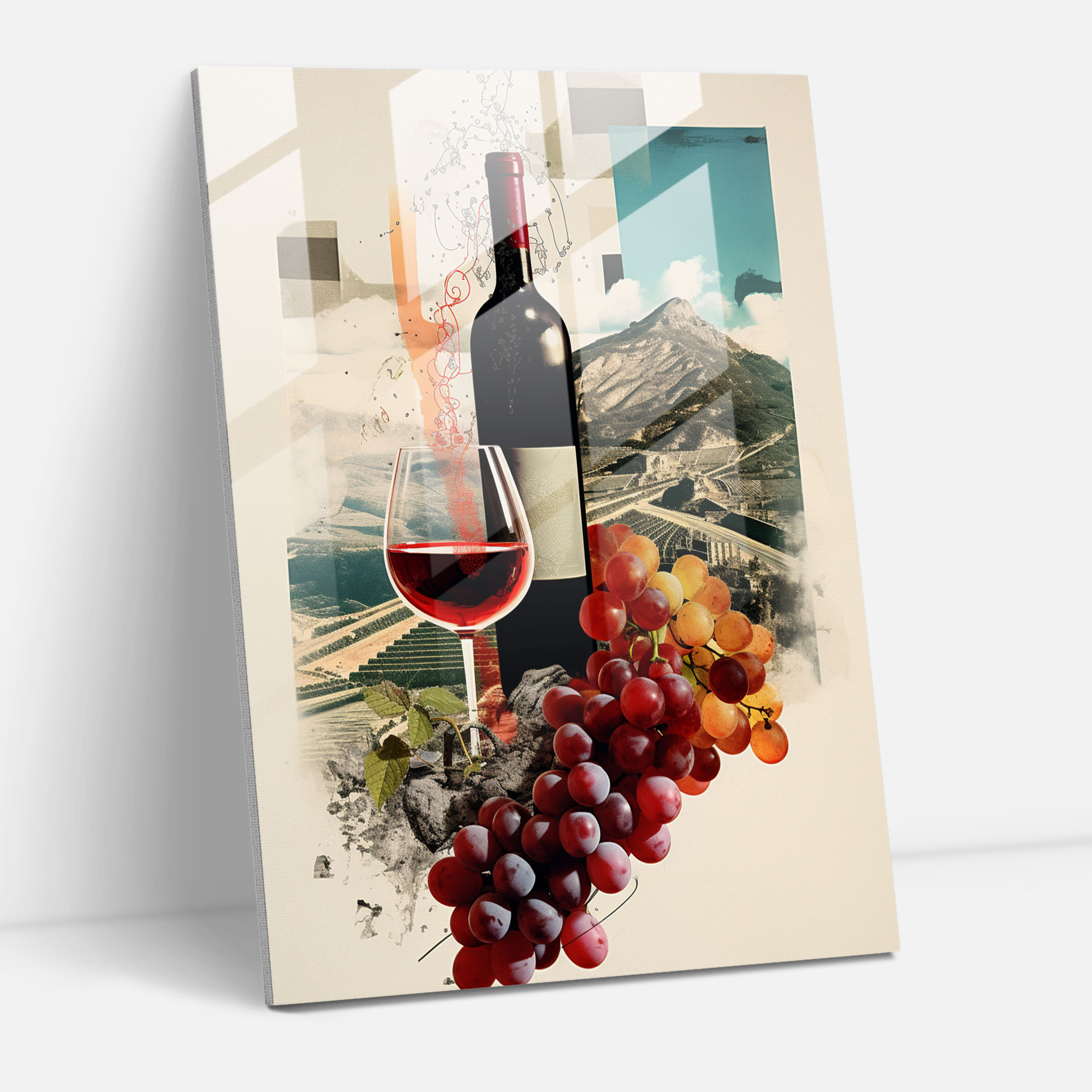 Wine Glass Print - Contemporary Collage Glass Wall Art - Wine, Wall Decoration, Dynamic Composition, Wine