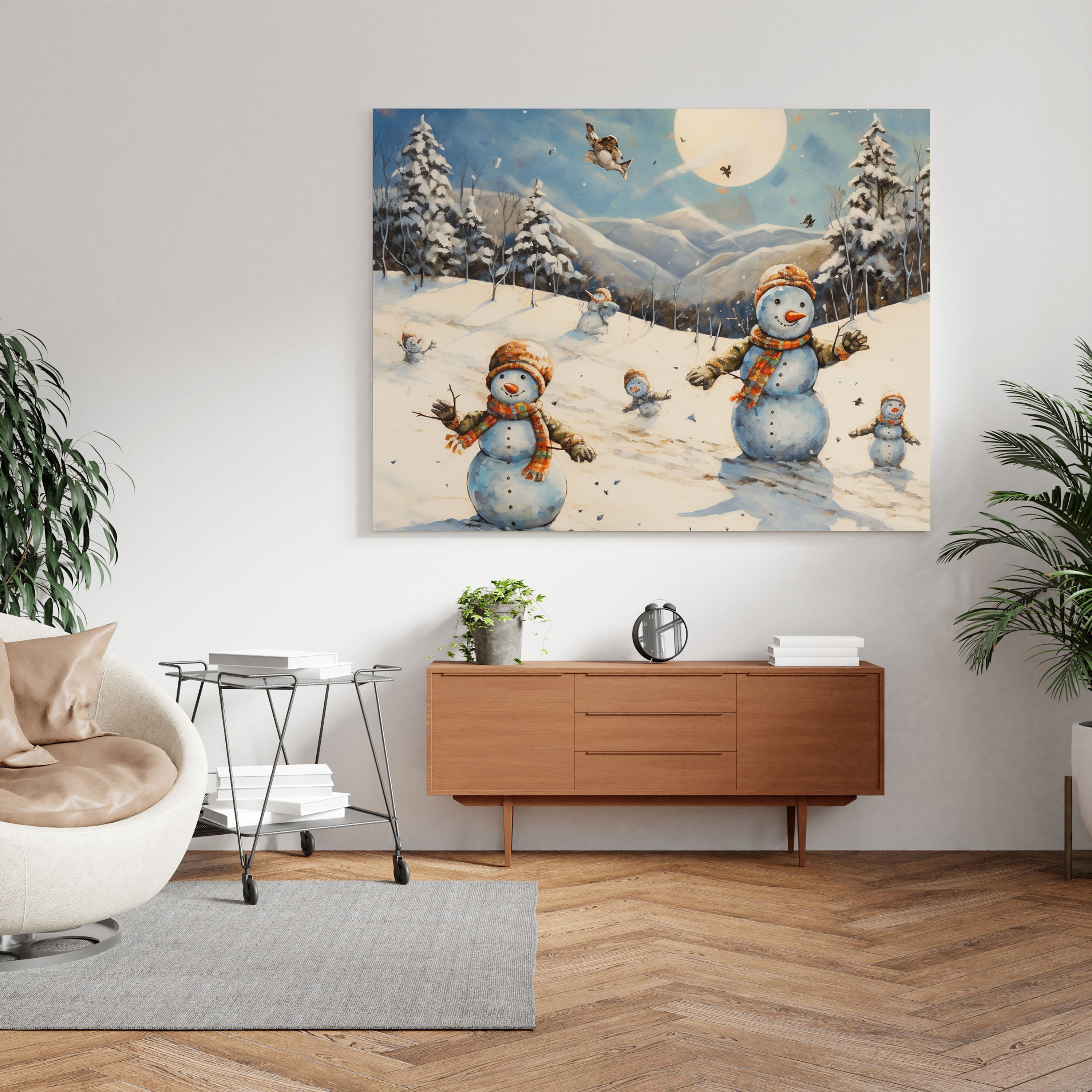 Winter Snowmen Canvas Print - Winter, Snowy Field, Wall Decoration, Home Decoration
