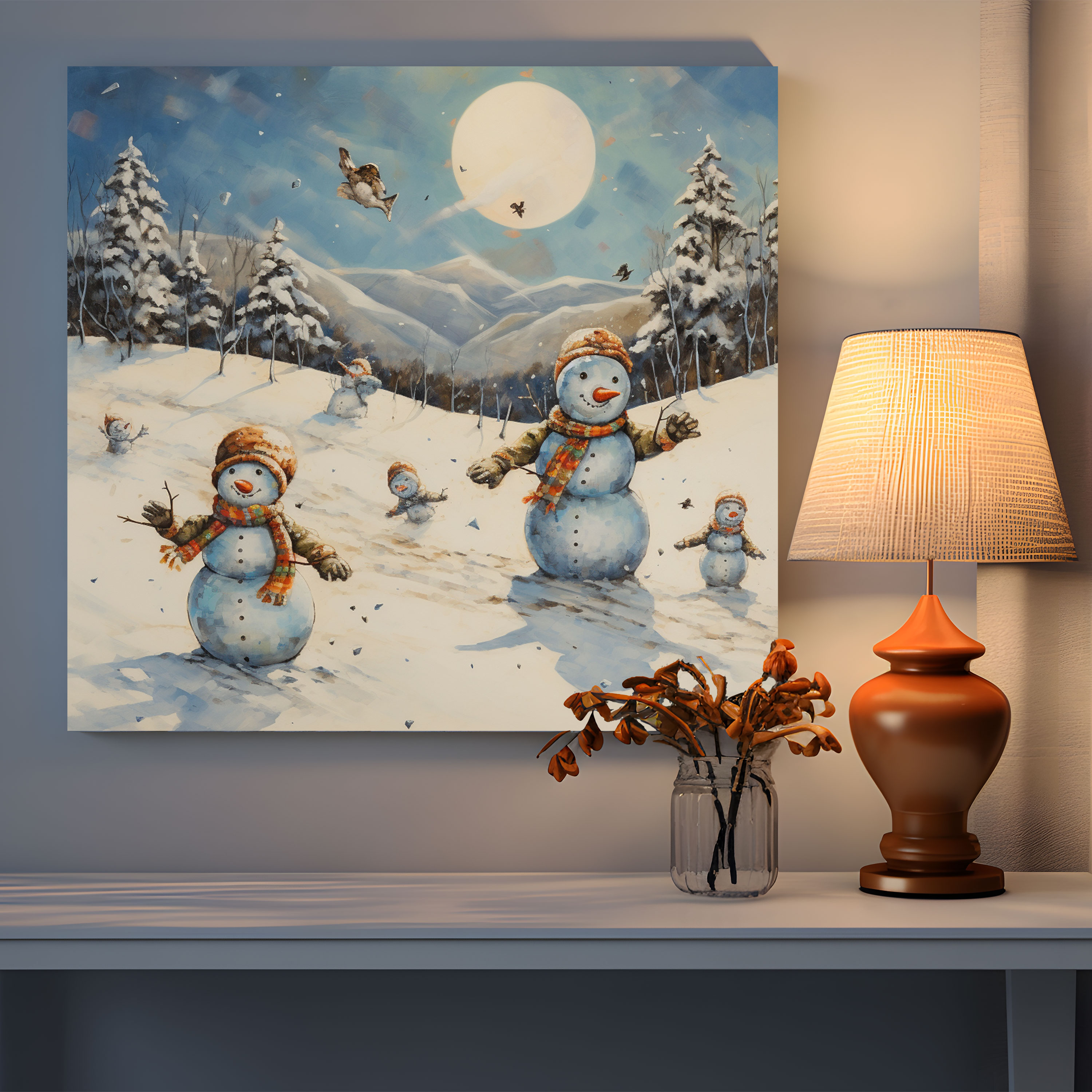 Winter Snowmen Canvas Print - Winter, Snowy Field, Wall Decoration, Home Decoration
