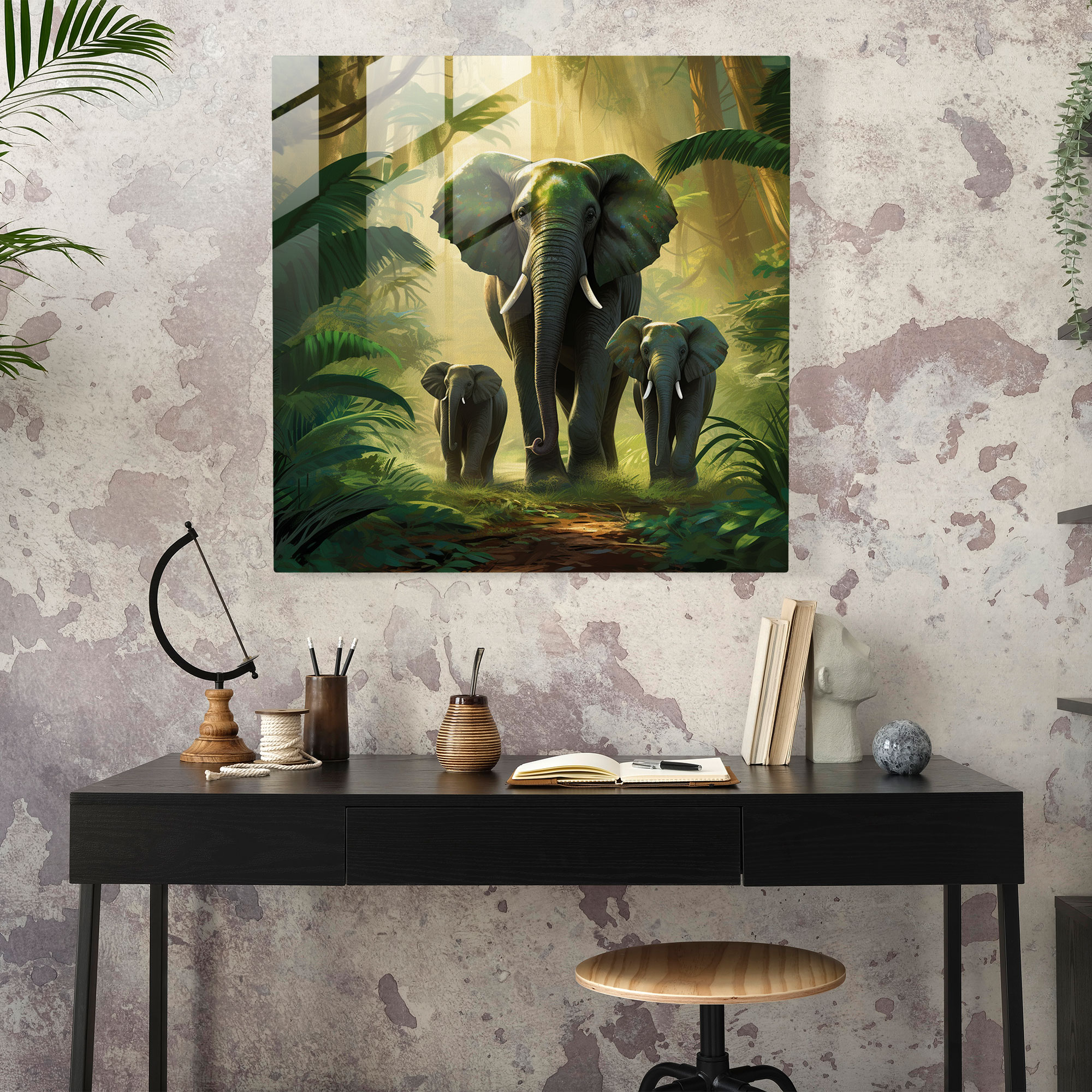 Wildlife Glass Wall Art - Elephant Family - Wildlife, Wall Decoration, Elephants, Jungle