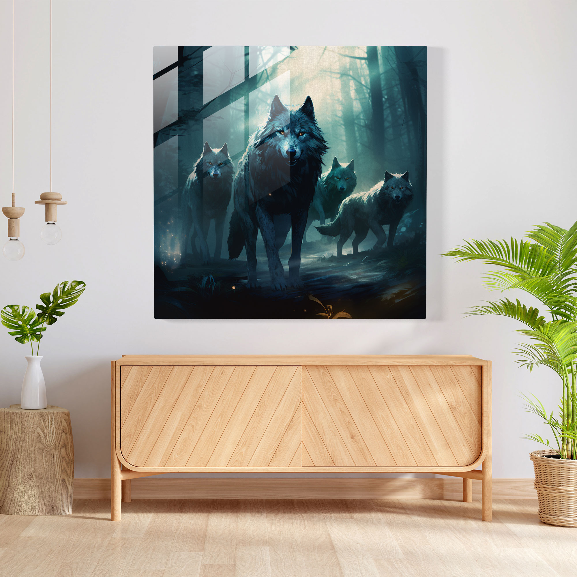 Wildlife Glass Print - Moonlit Wolves - Wildlife, Mystique, Wolves, Glass Art