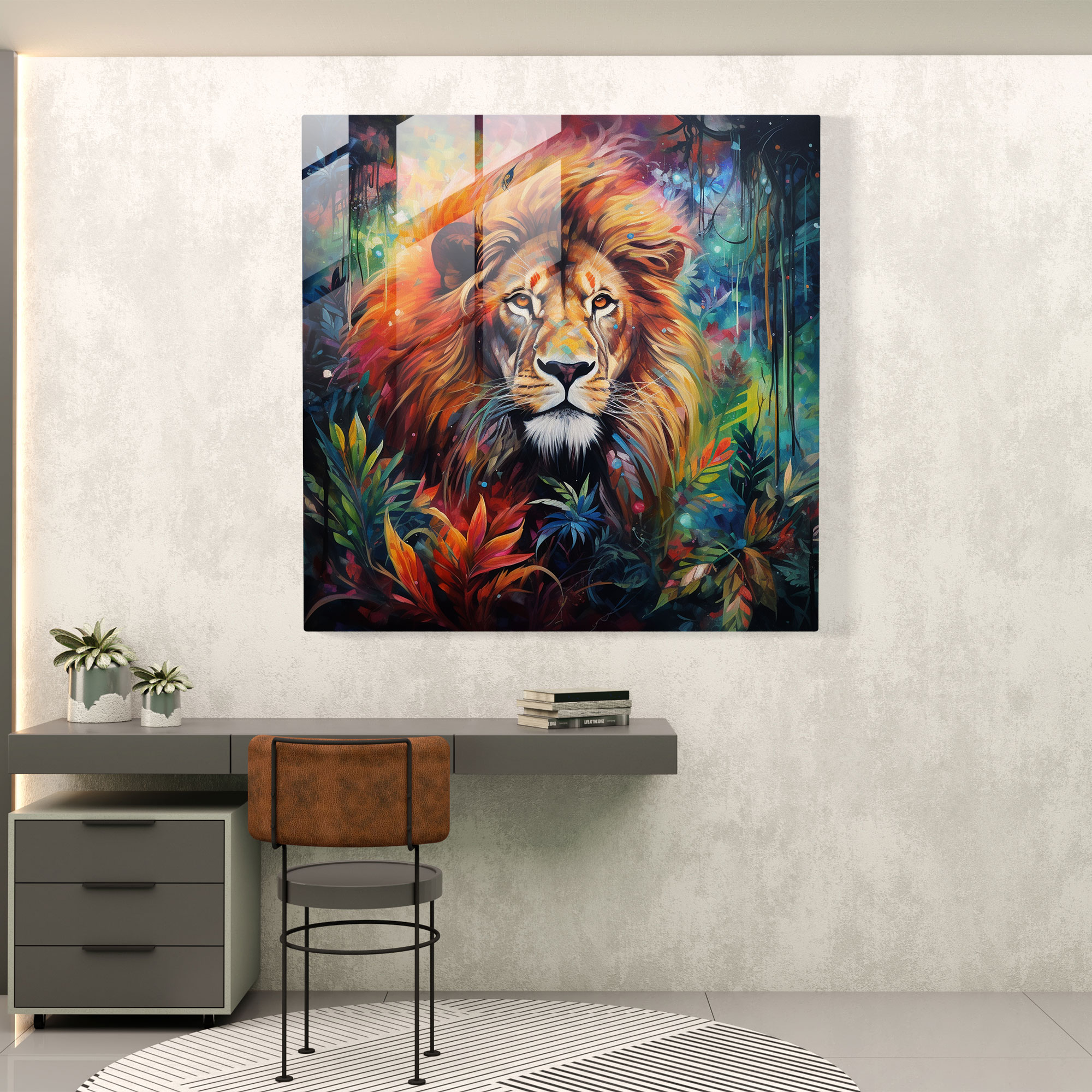 Wildlife Glass Print - Majestic Lion In Colorful Jungle - Wildlife, Modern Art, Wall Decoration, Home Decoration